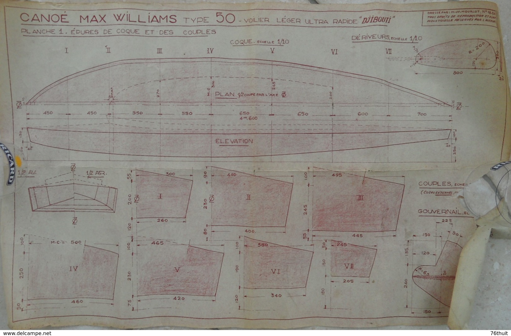 CANOE MAX WILLIAMS Type 50 "Djibouti " -  Voilier Léger Ultrarapide - Années 1939 Et Suivantes - 3 Plans à Restaurer - Autres Plans