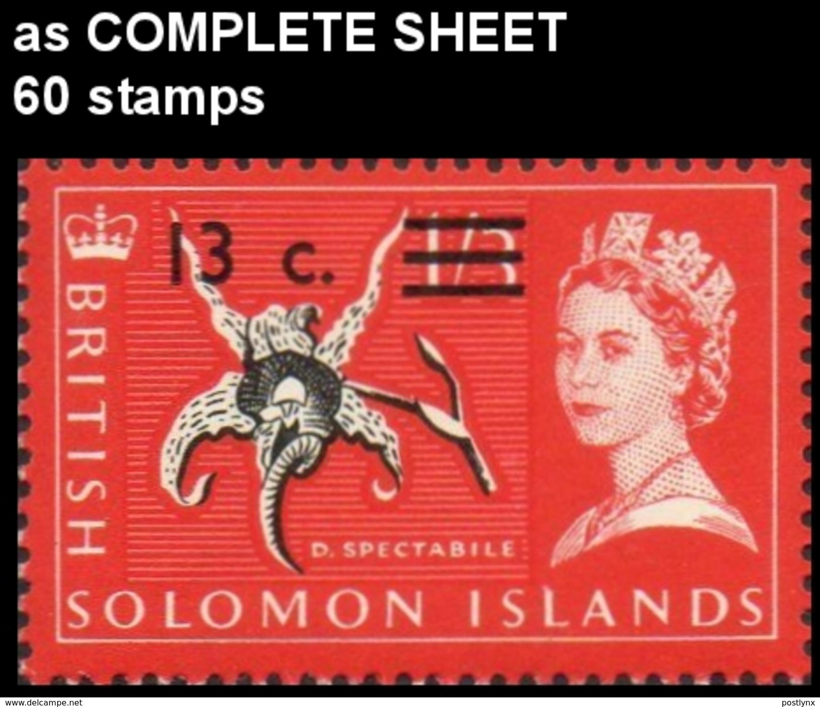 BR.SOLOMON ISLANDS 1966 Orchid D.spectabile OVPT13c/1s3d COMPLETE SHEET:60 Stamps [feuilles, Ganze Bogen,hojas,foglios] - Islas Salomón (...-1978)