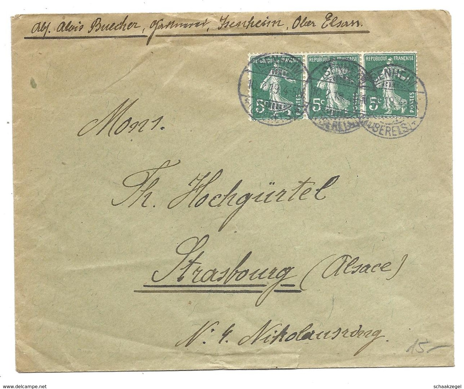 Elsass, Alsace,   	Briefumsvhlag Von Isenheim Nach Strassburg, 10-7-1919			170422 - Covers & Documents