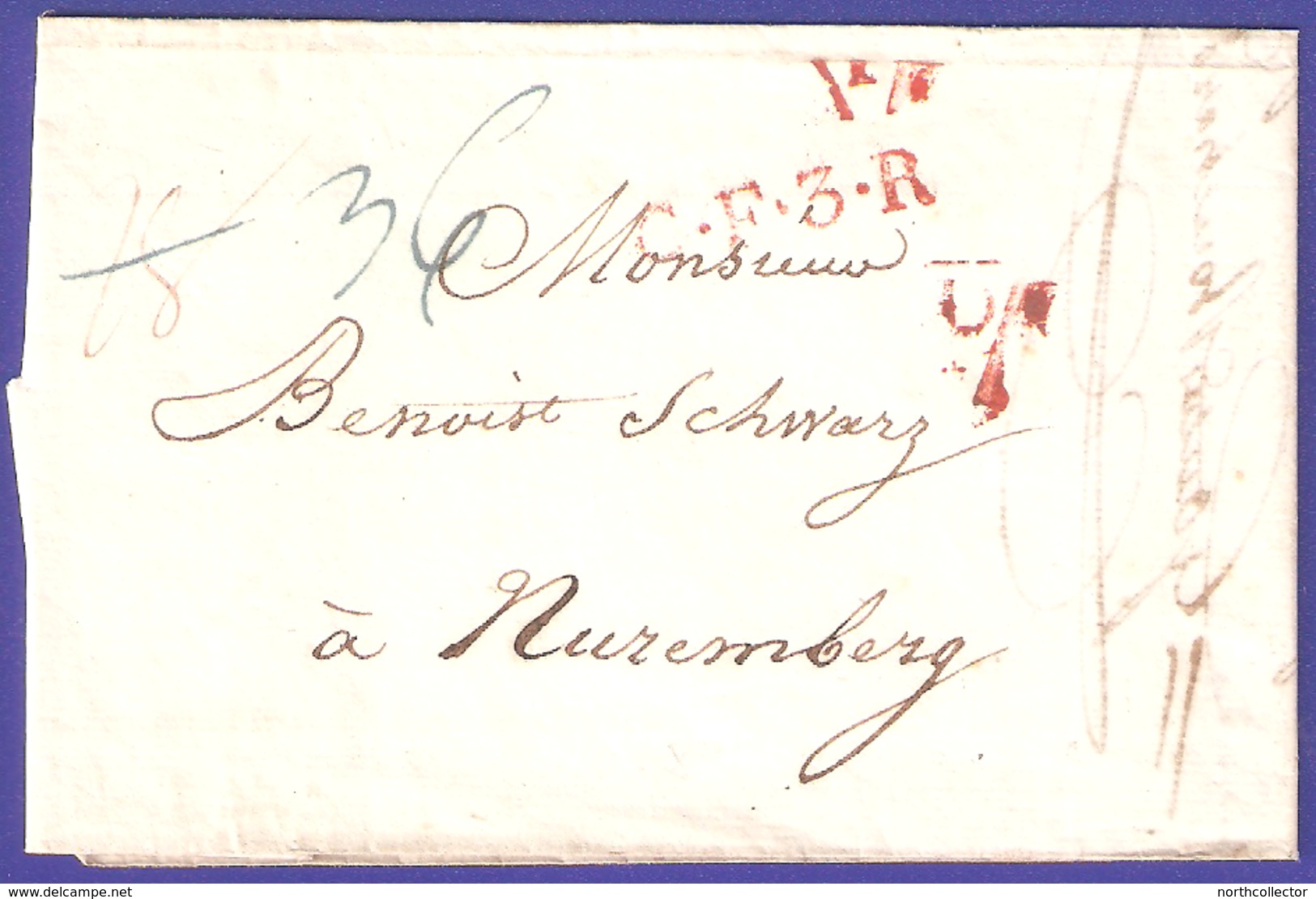 France To  Nuremberg CF3R Stampless Letter - [Voorlopers