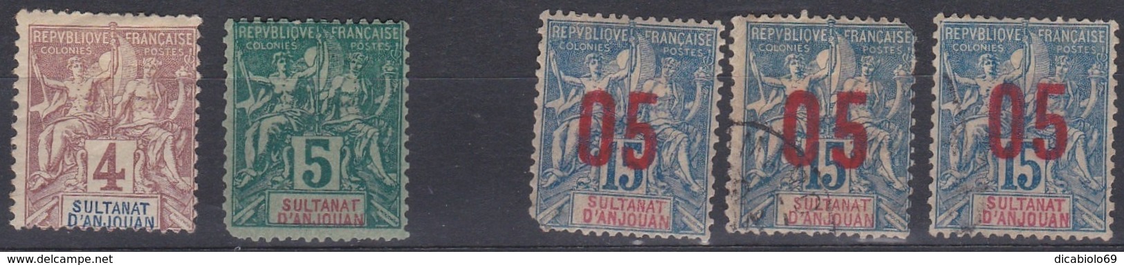 Anjouan 1892/1912 - N°3*-N°4*-N°22*/(o) - Lot De 5 Timbres - Unused Stamps