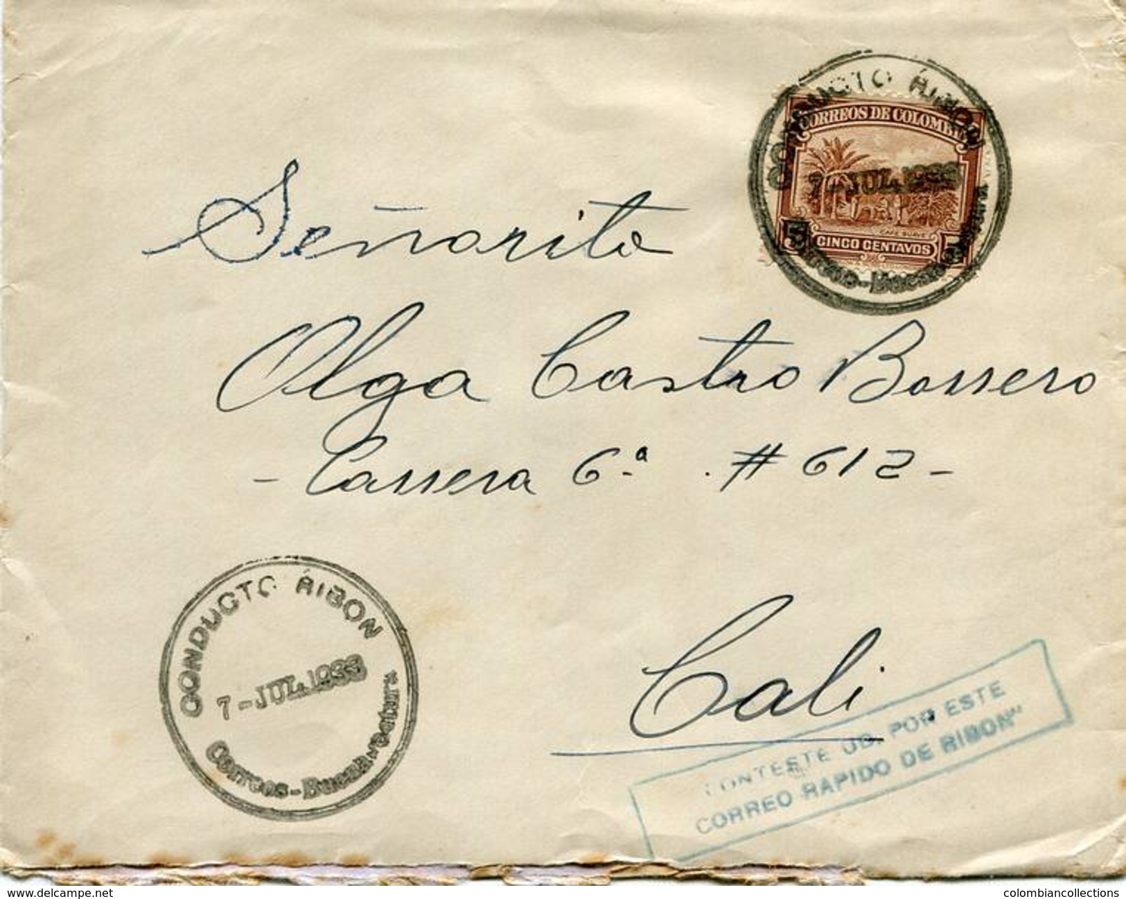 Lote SC805, Colombia, 7 Jul 1933, Sobre, Cover, Private Carrier Bus Company Expreso Ribon, Buenaventura, Coffee - Sin Clasificación