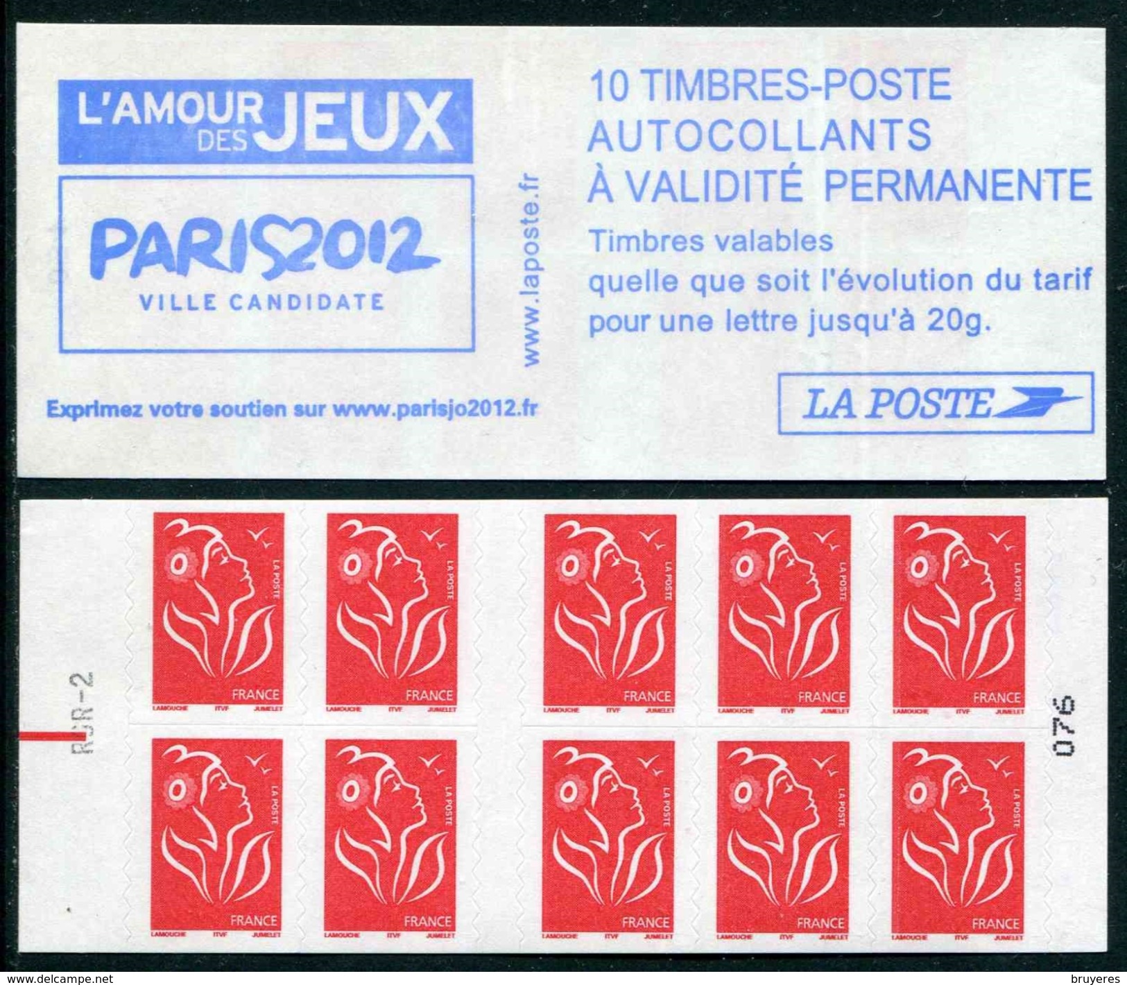 Carnet De 2005 De 10 Timbres Type "Lamouche" Avec Couvert. Blanche "Paris 2012" - Avec RGR-2 Et RE Au Milieu - Autres & Non Classés