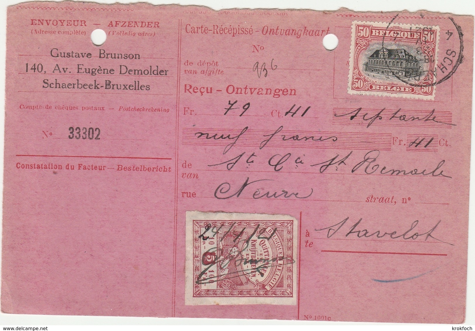 Schaera 1923 - Carte Reçu Ontvangen Avec Fiscal Quittance 5 Francs - Documentos