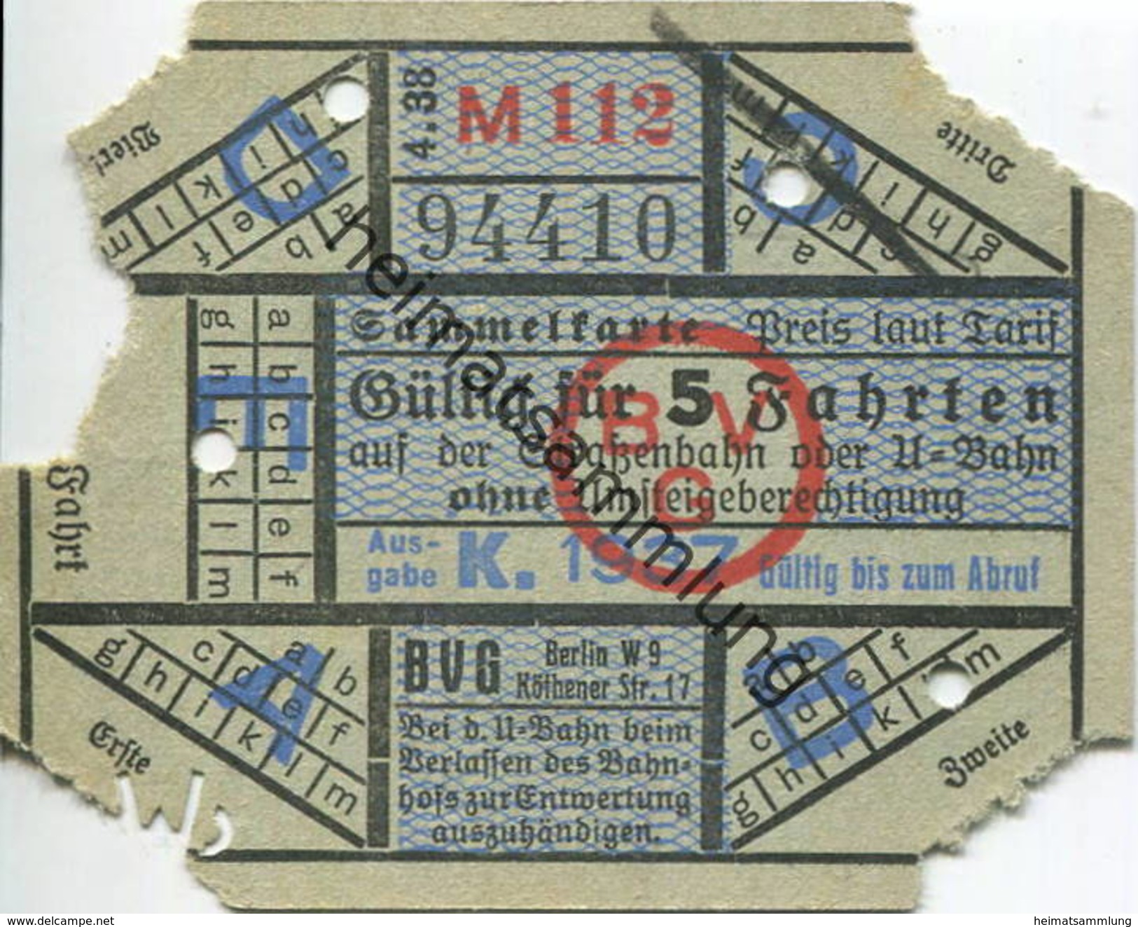 Deutschland - Berlin - BVG - Sammelkarte 1937 - Gültig Für 5 Fahrten Auf Der Strassenbahn Oder U-Bahn Ohne Umsteigeb - Europe