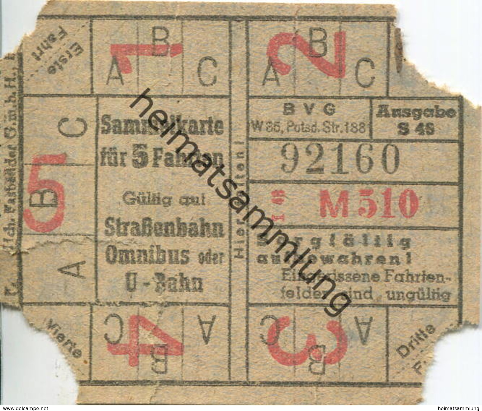 Deutschland - Berlin - BVG - Sammelkarte Für 5 Fahrten 1948 - Gültig Auf Strassenbahn Omnibus Oder U-Bahn - Europa