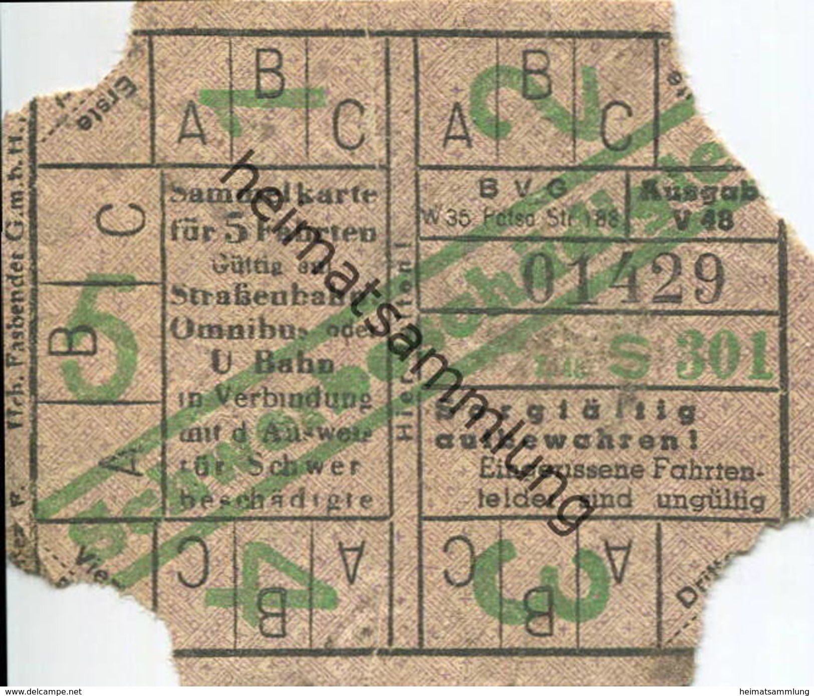 Deutschland - Berlin - BVG - Sammelkarte Für 5 Fahrten 1948 - Gültig Auf Strassenbahn Omnibus Oder U-Bahn -  - Schwerbes - Europe