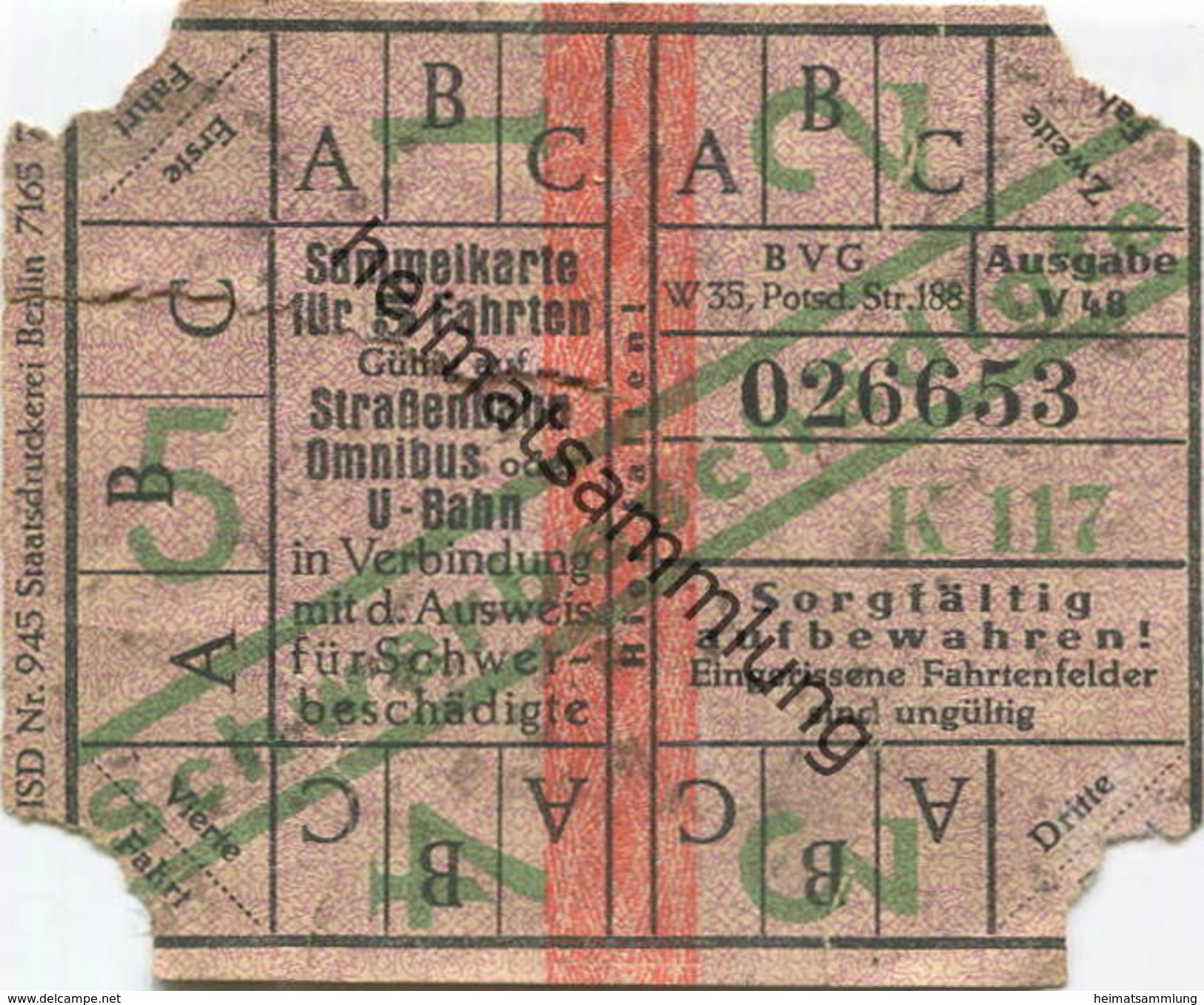 Deutschland - Berlin - BVG - Sammelkarte Für 5 Fahrten 1948 - Gültig Auf Strassenbahn Omnibus Oder U-Bahn -  - Schwerbes - Europe