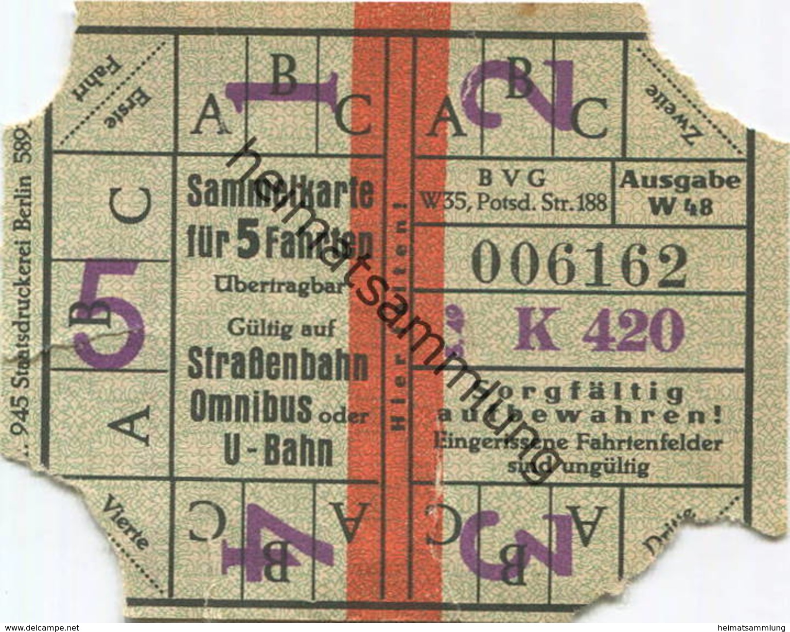 Deutschland - Berlin - BVG - Sammelkarte Für 5 Fahrten 1948 - Gültig Auf Strassenbahn Omnibus Oder U-Bahn - Europe