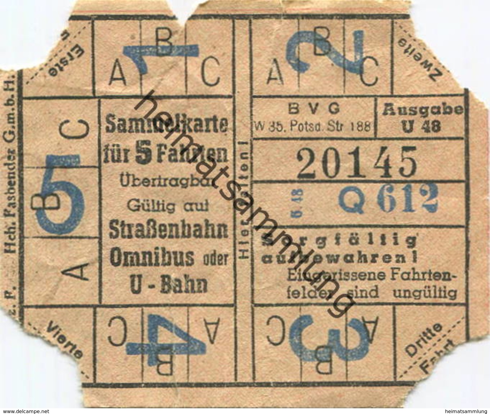 Deutschland - Berlin - BVG - Sammelkarte Für 5 Fahrten 1948 - Gültig Auf Strassenbahn Omnibus Oder U-Bahn - Europe