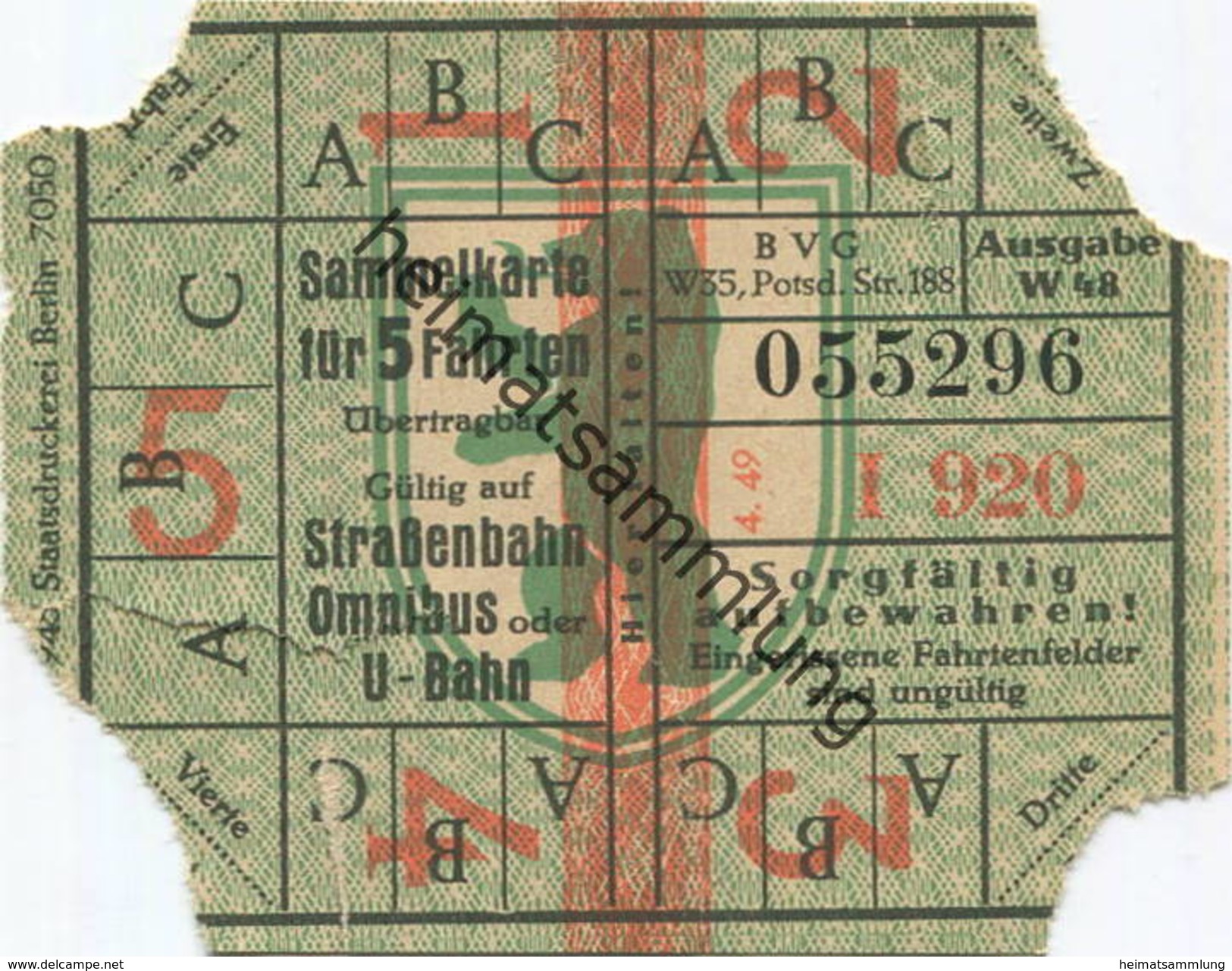 Deutschland - Berlin - BVG - Sammelkarte Für 5 Fahrten 1949 - Gültig Auf Strassenbahn Omnibus Oder U-Bahn - Europa