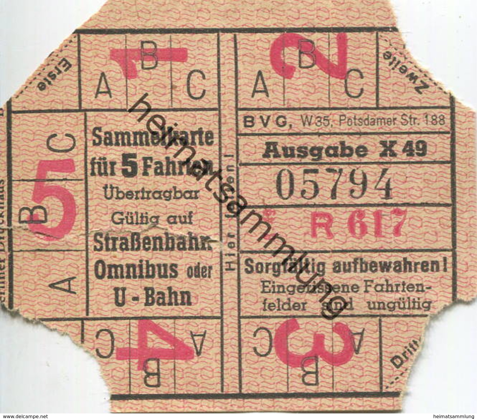 Deutschland - Berlin - BVG - Sammelkarte Für 5 Fahrten 1949 - Gültig Auf Strassenbahn Omnibus Oder U-Bahn - Europa