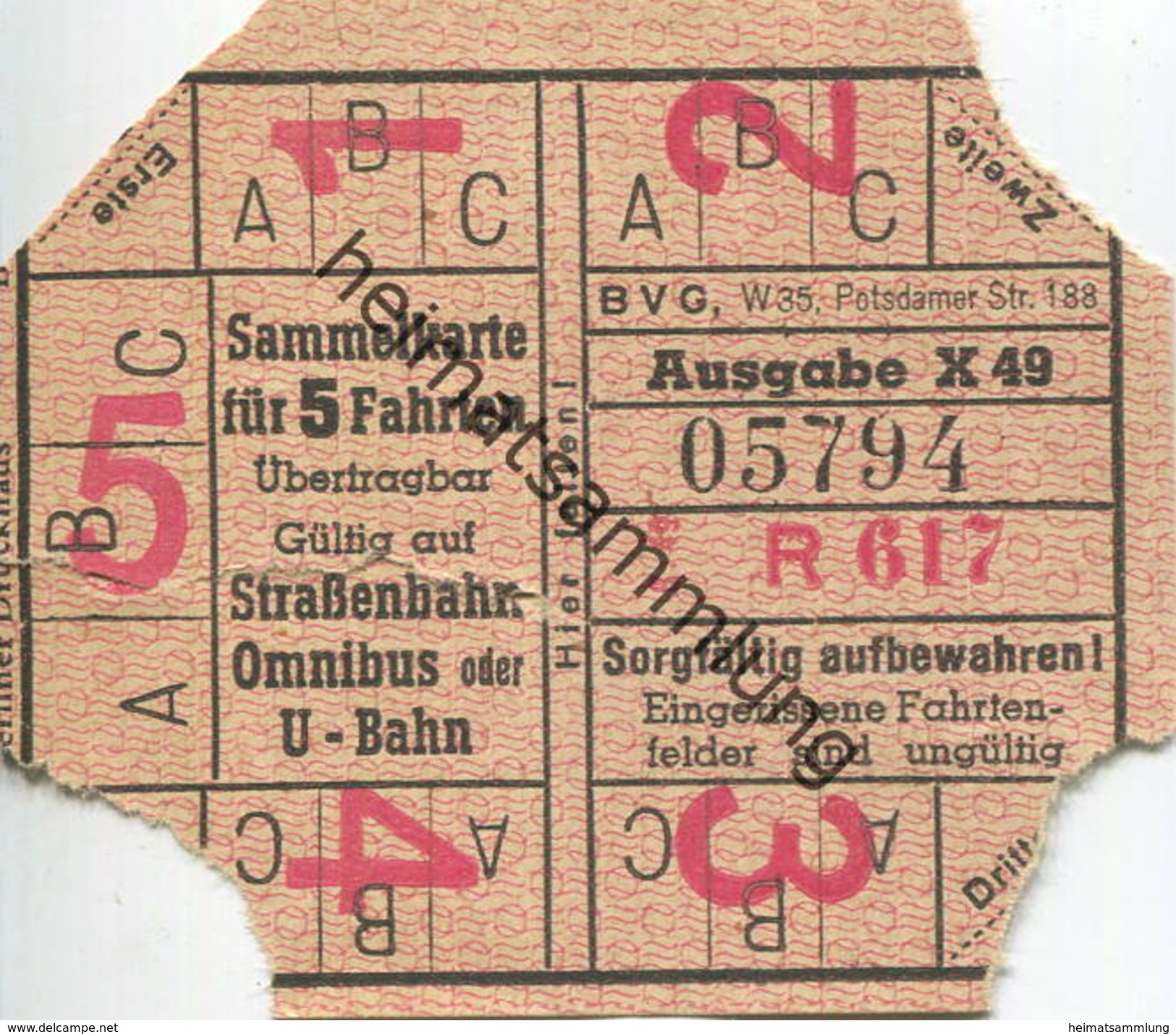 Deutschland - Berlin - BVG - Sammelkarte Für 5 Fahrten 1949 - Gültig Auf Strassenbahn Omnibus Oder U-Bahn - Europe