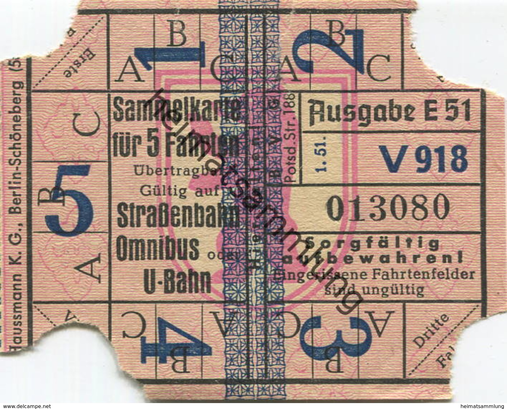 Deutschland - Berlin - BVG - Sammelkarte Für 5 Fahrten 1951 - Gültig Auf Strassenbahn Omnibus Oder U-Bahn - Europa