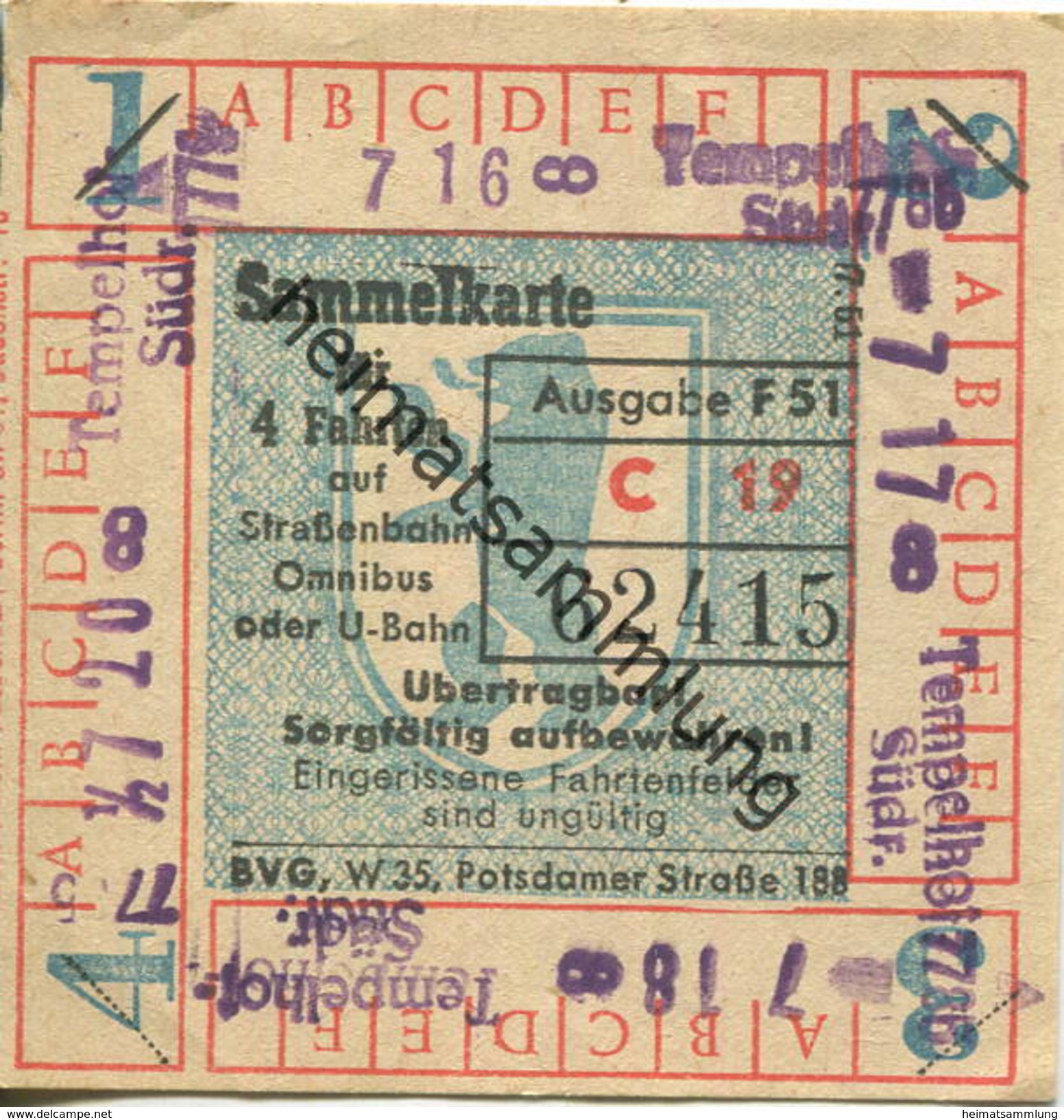 Deutschland - Berlin - BVG - Sammelkarte Für 4 Fahrten Auf Strassenbahn Omnibus Oder U-Bahn 1951 - Europe