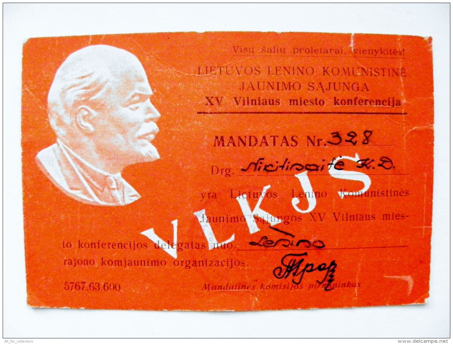Communist Party Congress Mandate From Lithuania Ussr Lenin - Documentos Históricos