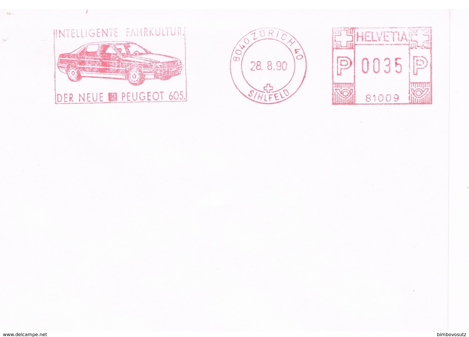 Schweiz Zürich 28.8.90  Brief Mit Freistempel -  Peugeot 605 - - Auto's