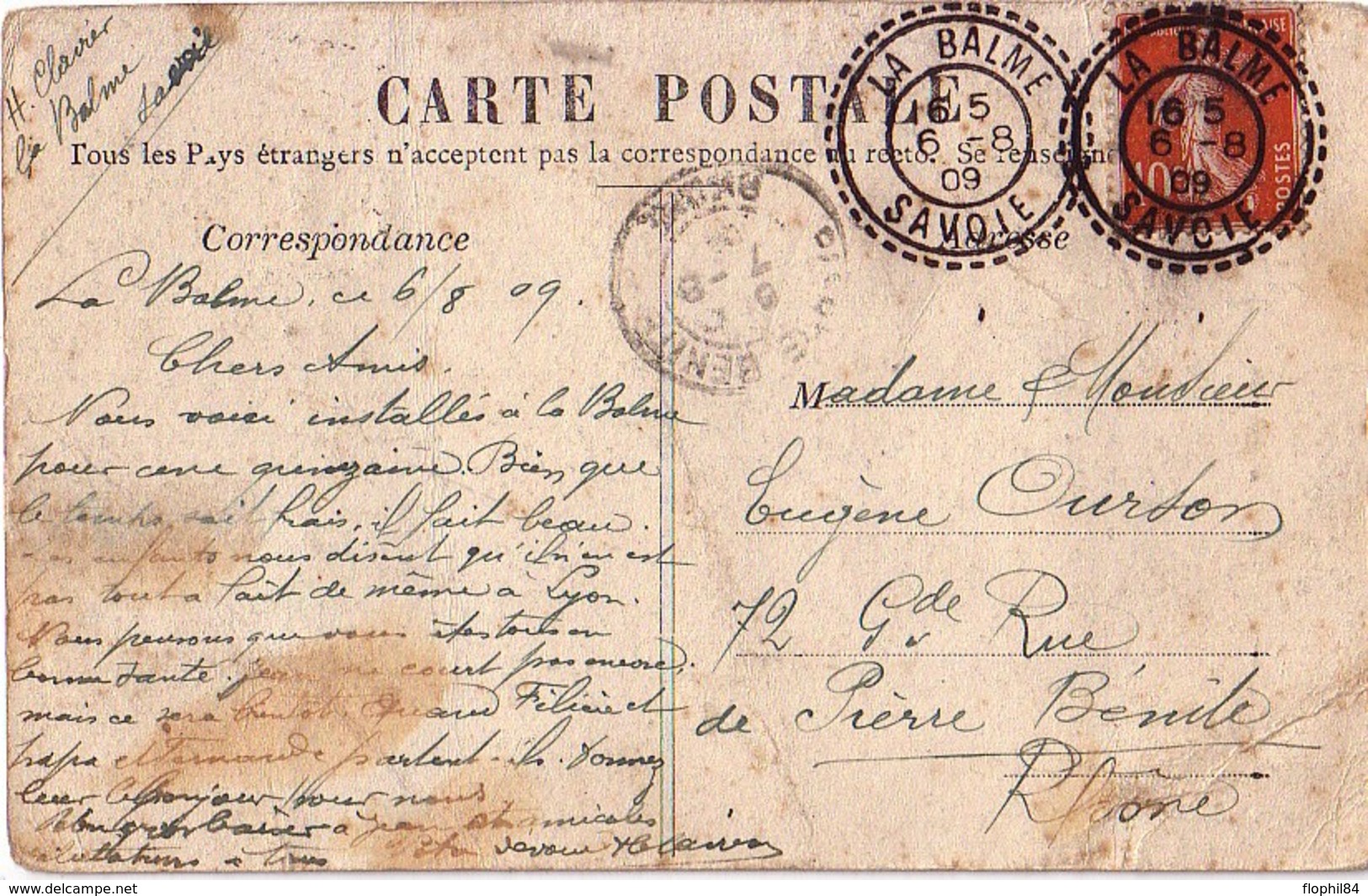 SAVOIE - LA BALME - CACHET T84 - SEMEUSE DU 6-8-1909 - CARTE DE ST JEAN DE COUZ. - Manual Postmarks