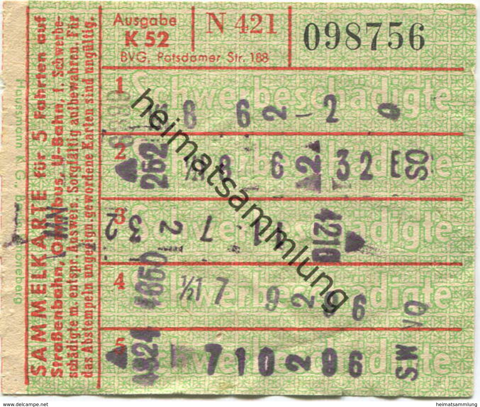 Deutschland - Berlin - BVG - Sammelkarte Für 4 Fahrten Auf Strassenbahn Omnibus Oder U-Bahn 1952 - Schwerbeschädigte - Europe