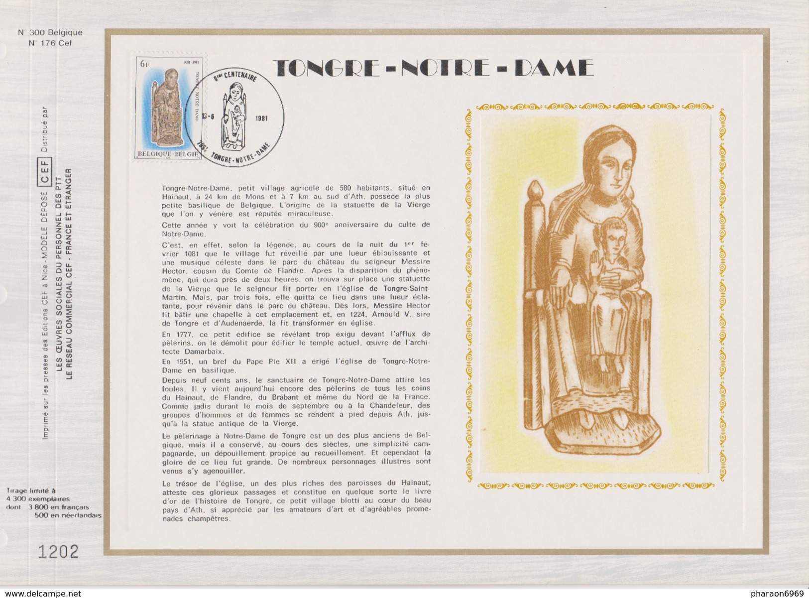 Feuillet Tirage Limité CEF 300 2010 Tongre-Notre-Dame Statuette De La Vierge - 1981-1990
