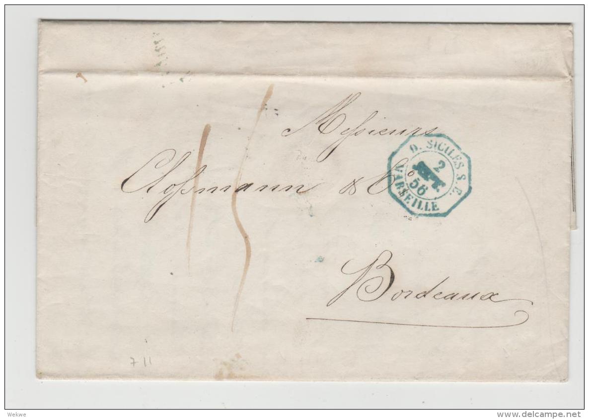 IVO114 / ITALIEN - Schiffspost Neapel Nach Marseille 1856. Octonal Stempel In Blau (klar) - Napoli