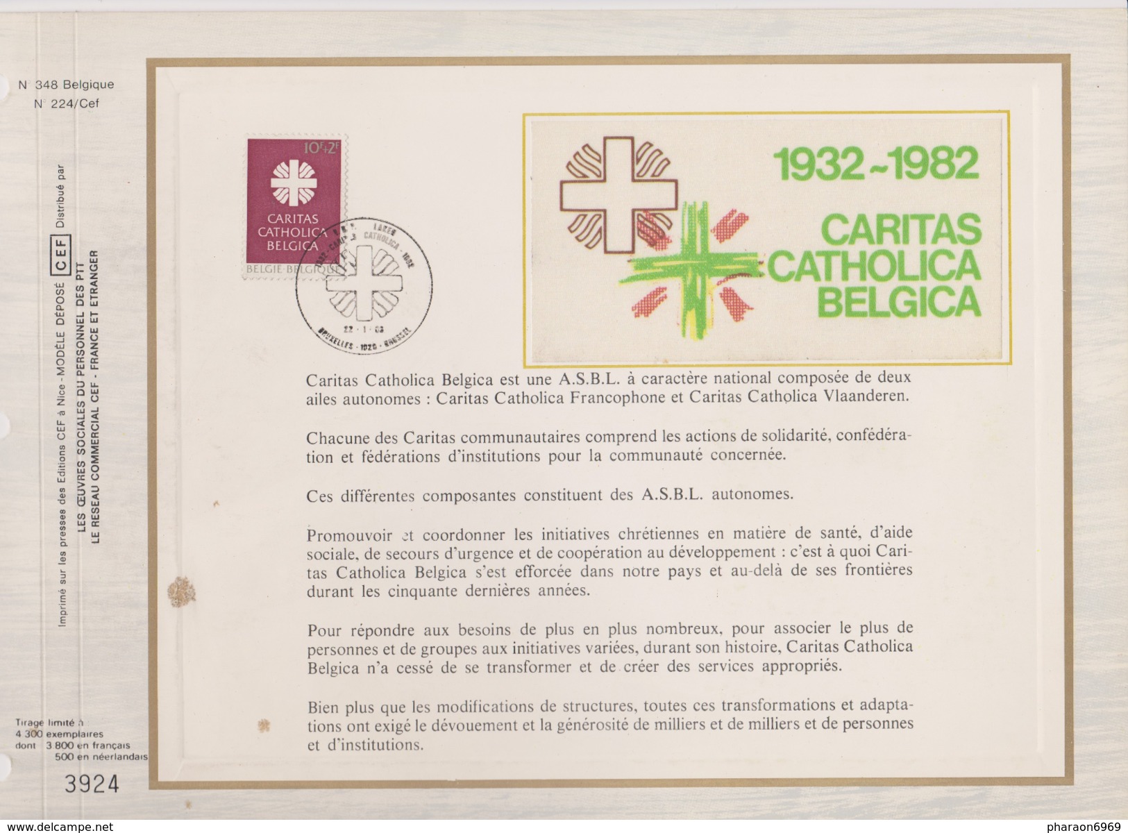 Feuillet Tirage Limité CEF 348 2078 Caritas Catholica Belgica - 1981-1990