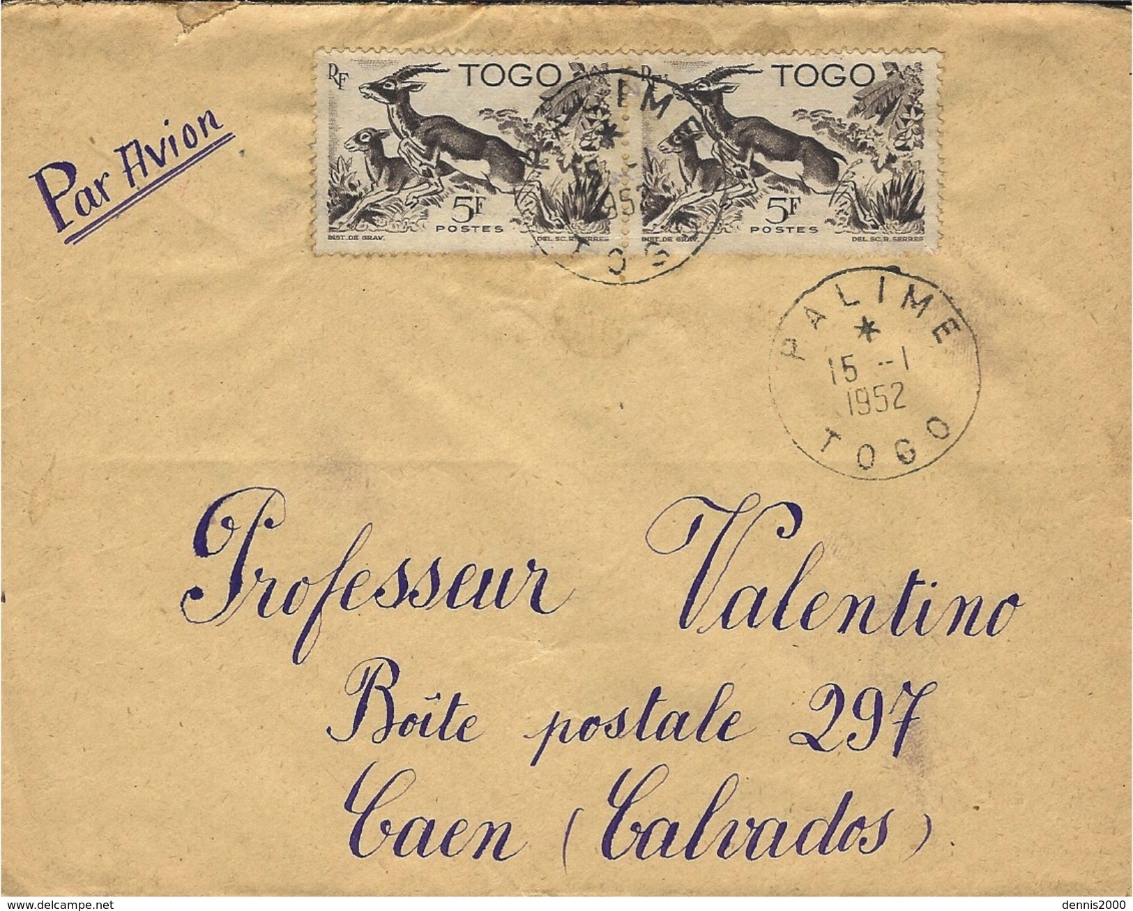 1952- Enveloppe Par Avion De PALIME  Affr. à 10 F. Pour La France - Storia Postale