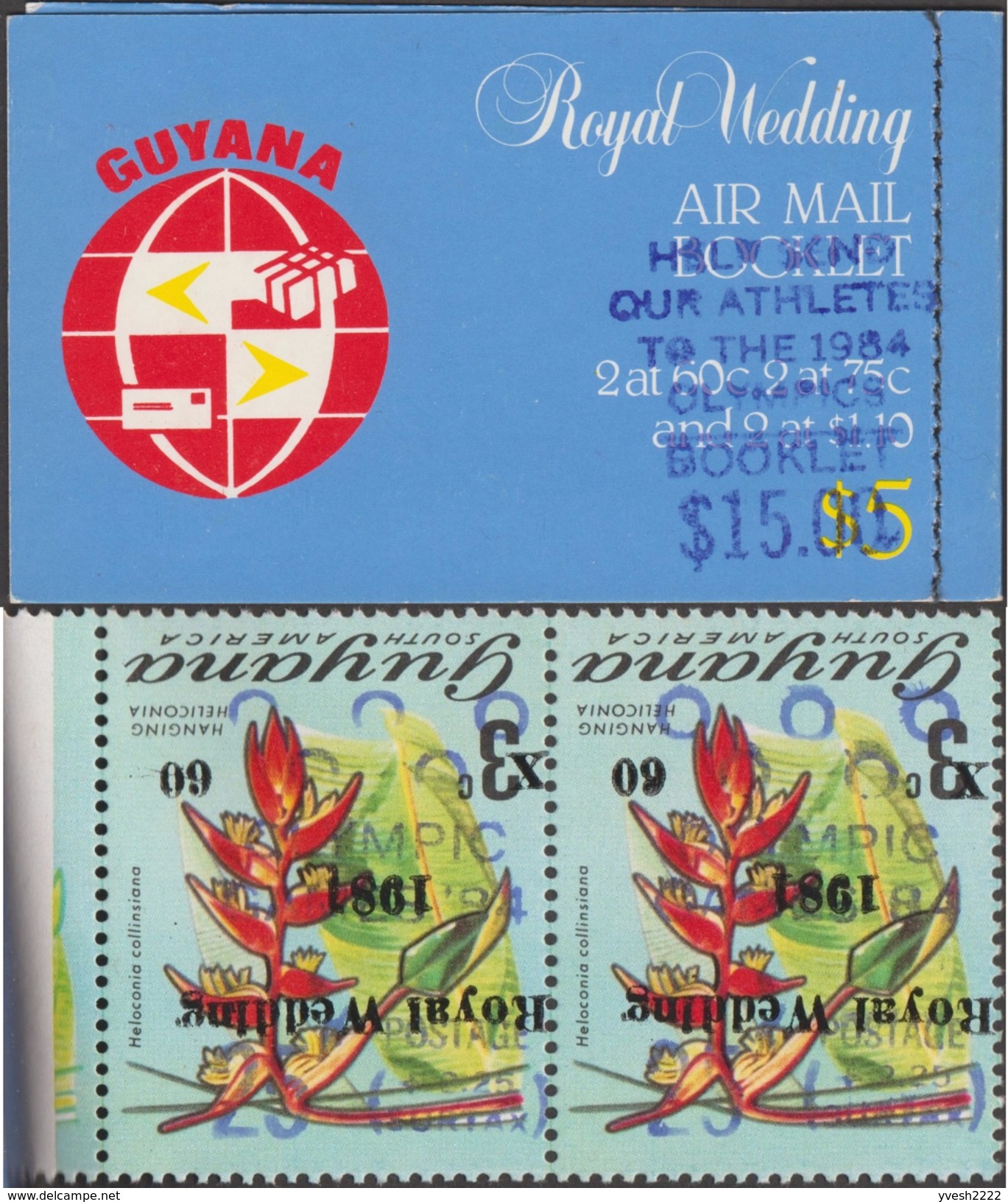 Guyana 1984 Y&T C959. Carnet, Surcharges Renversées. JO 1984, Boxe, Cyclisme, Athlétisme, Fleurs - Ciclismo