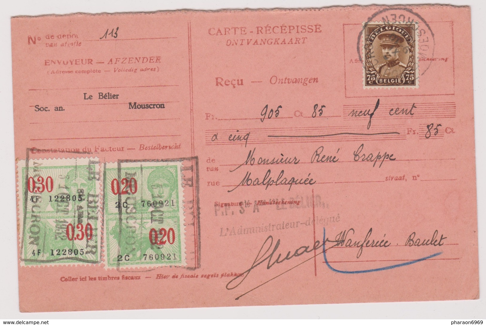 Carte Récépissé Ontvangkaart 341 Mouscron à Wanfercée-Baulet + Timbres Fiscaux - Documents