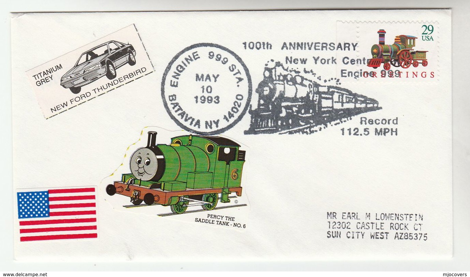 1993 BATAVIA Steam RAILWAY EVENT COVER  Stamps USA With 'PERCY THE SADDLE TANK ENGINE' Label Train - Trains