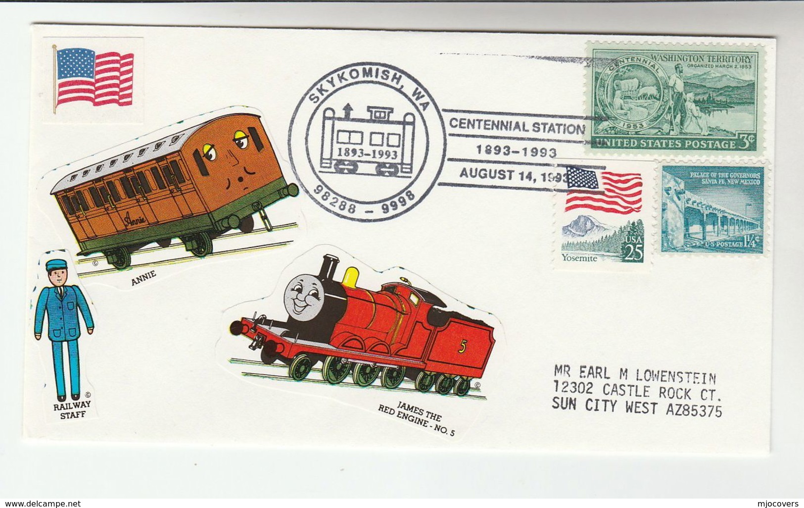 1993  SKYKOMISH CENTENNIAL Steam EVENT COVER  Stamps USA With 'JAMES THE RED  ENGINE'  Label Train Railway - Trains