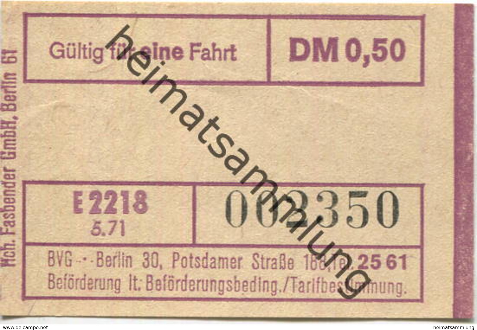 Deutschland - Berlin - BVG - Fahrschein 1971 DM 0,50 - Europe