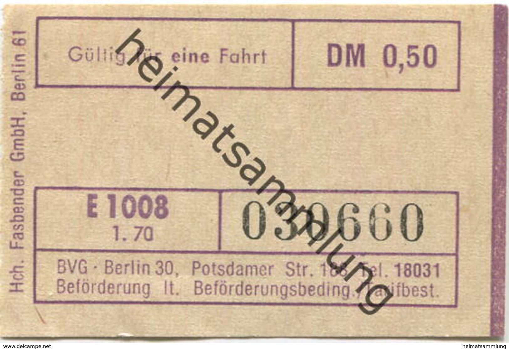 Deutschland - Berlin - BVG - Fahrschein 1970 DM 0,50 - Europa