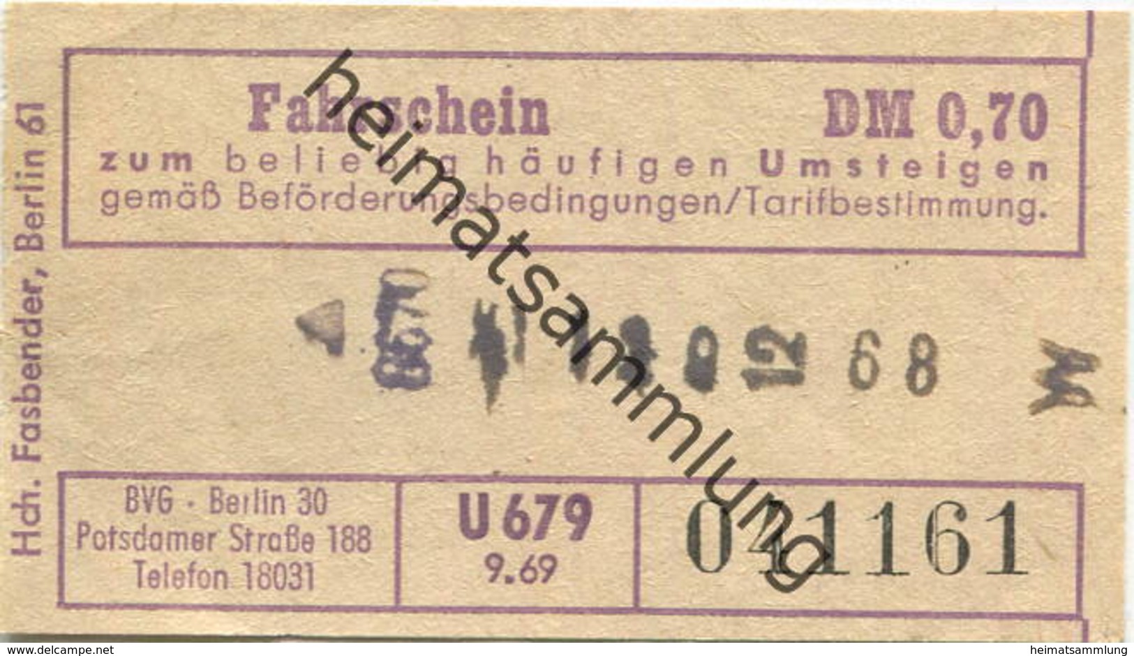 Deutschland - Berlin - BVG - Umsteige Fahrschein 1969 DM 0,70 - Europa