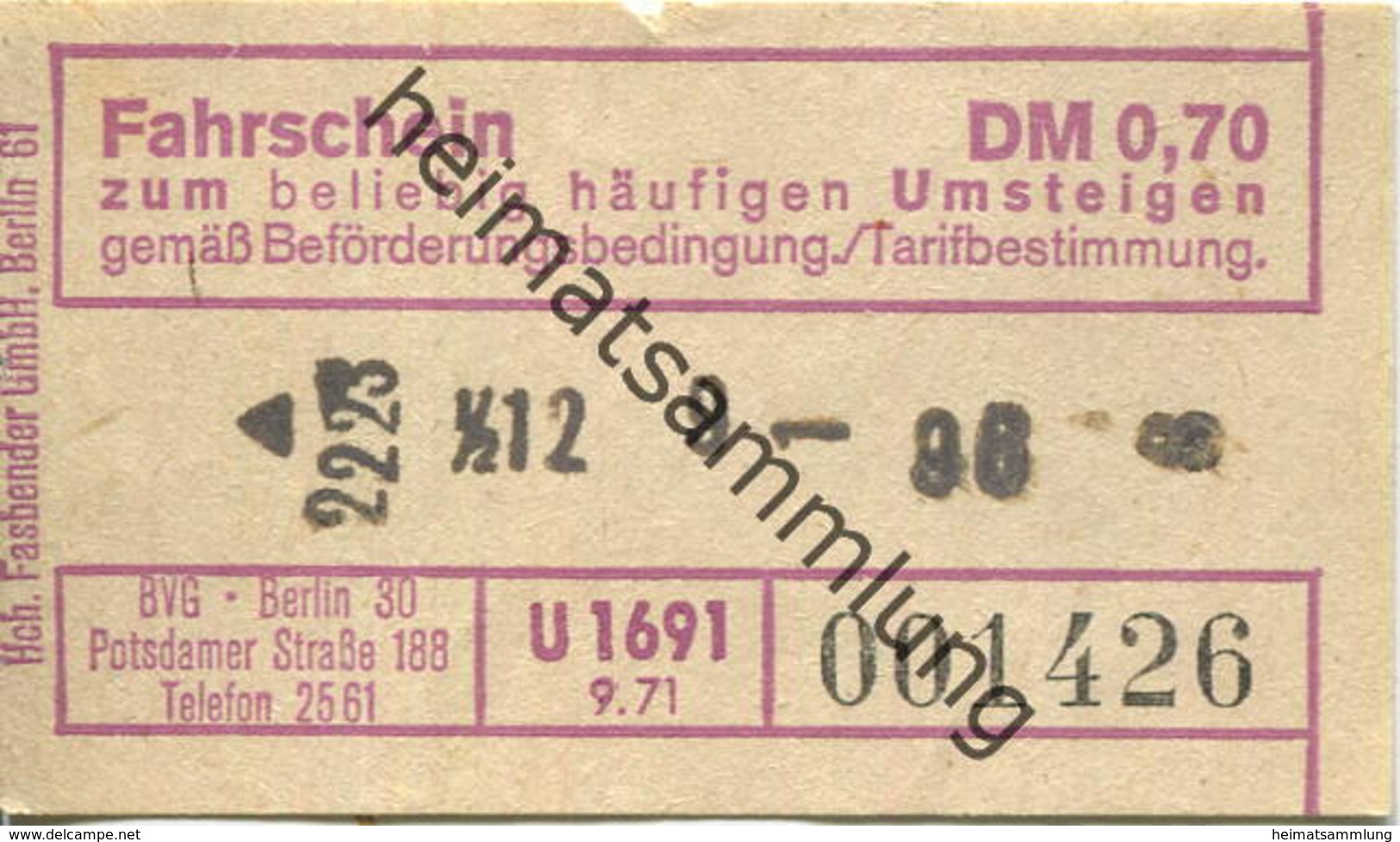 Deutschland - Berlin - BVG - Umsteige Fahrschein 1971 DM 0,70 - Europa