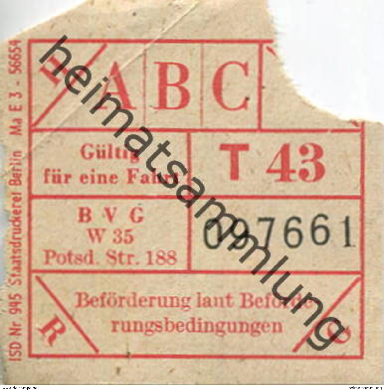 Deutschland - Berlin - BVG - Fahrschein Ca. 1949 - Europe