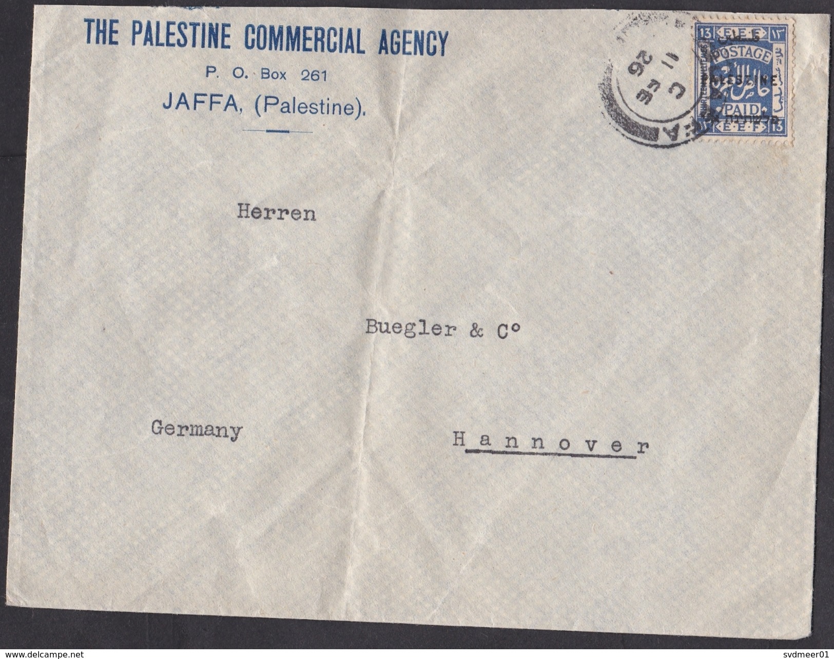 Palestine: Cover Jaffa To Germany, 1926, 1 Stamp, Overprint On EEF Stamp (damaged: Fold, Roughly Opened) - Palestina