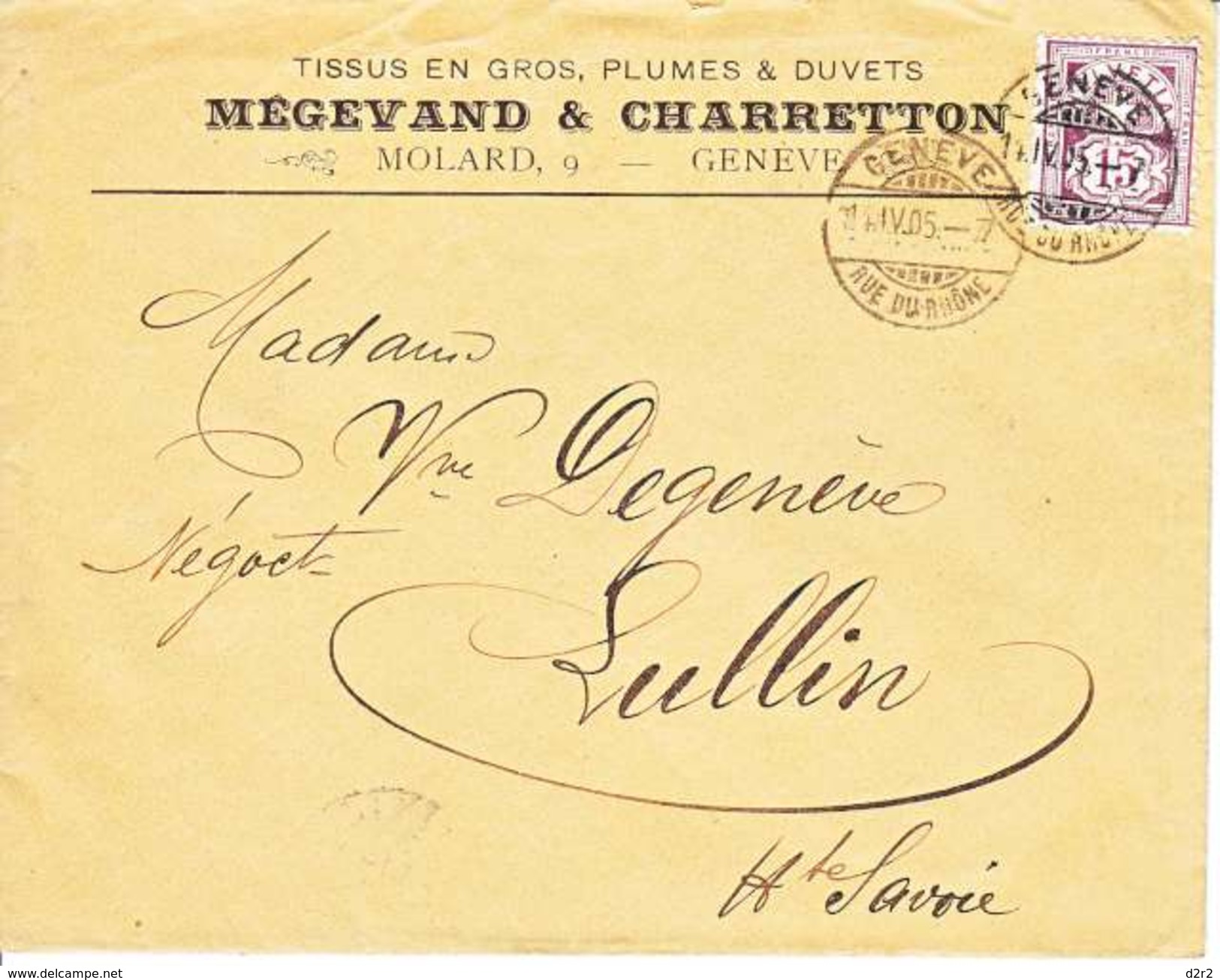 64B  SUR LETTRE AVEC LOGO PRIVE : MEGEVAND & CHARRETTON - GENEVE - TISSUS EN GROS - 1905 - COTE 45.-- CHF - Covers & Documents