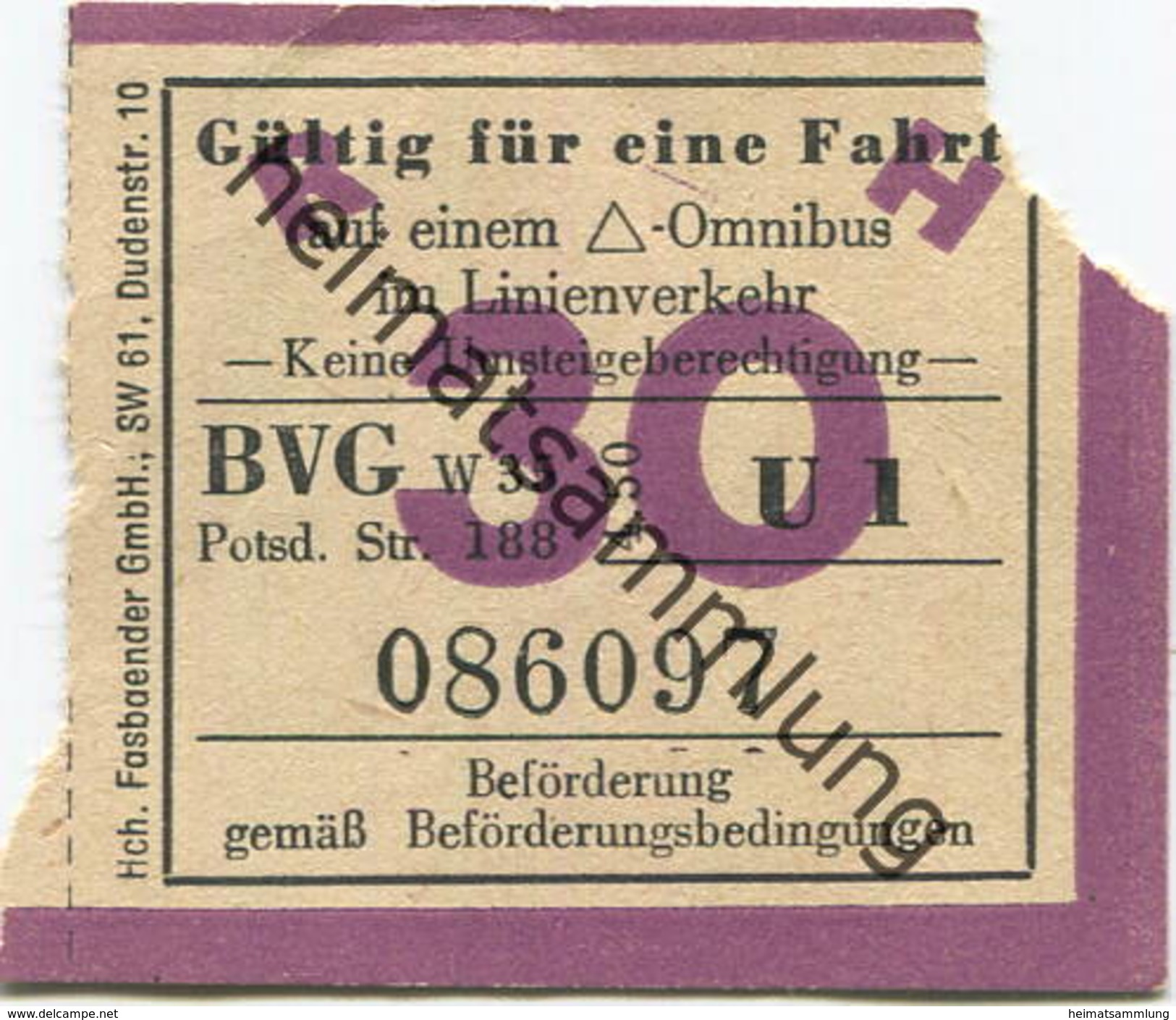 Deutschland - Berlin - BVG - Berlin Potsdamer Str. 188 - Fahrschein 1950 - Gültig Für Eine Fahrt Auf Einem Dreieck-Autob - Europe