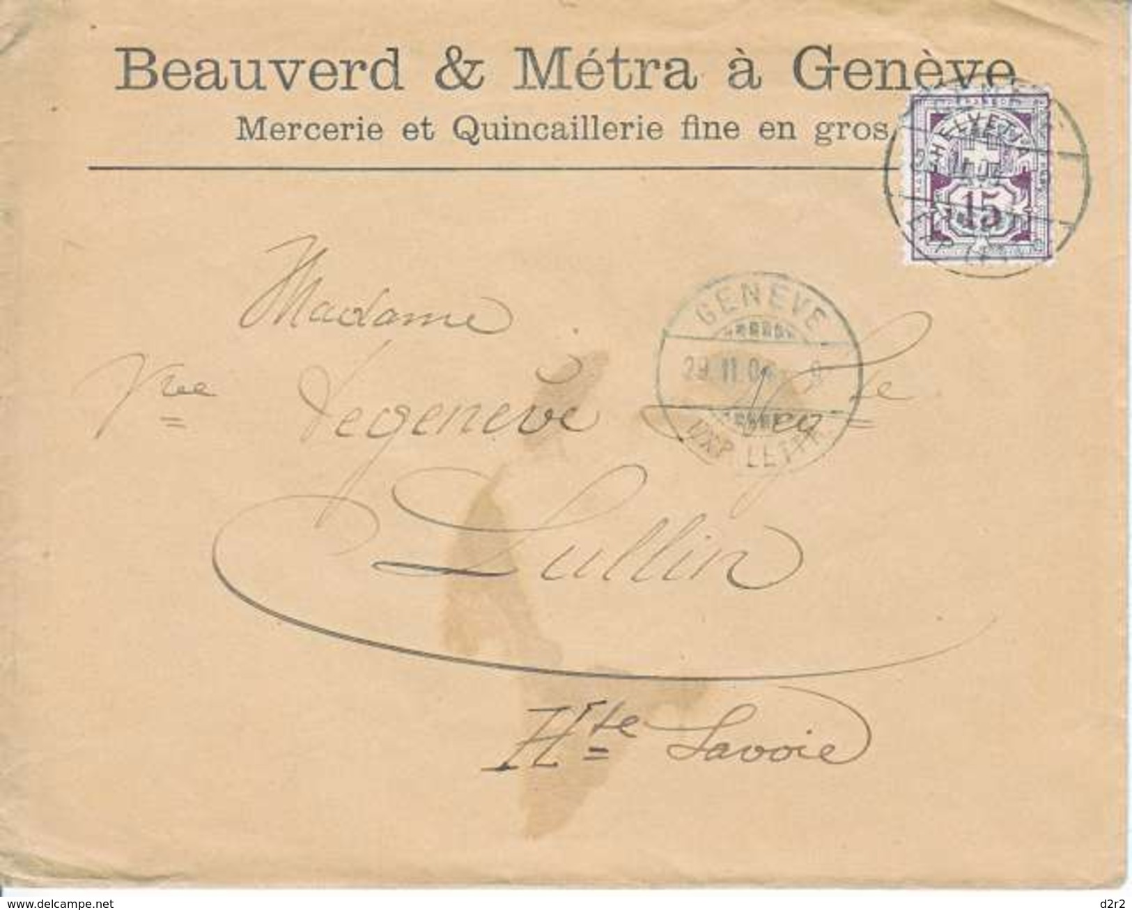 64B ( USE) SUR LETTRE AVEC LOGO PRIVE : BEAUVERD & METRA  - GENEVE -MERCERIE ET QUINCAILLERIE - 1904 - COTE 45.-- CHF - Covers & Documents