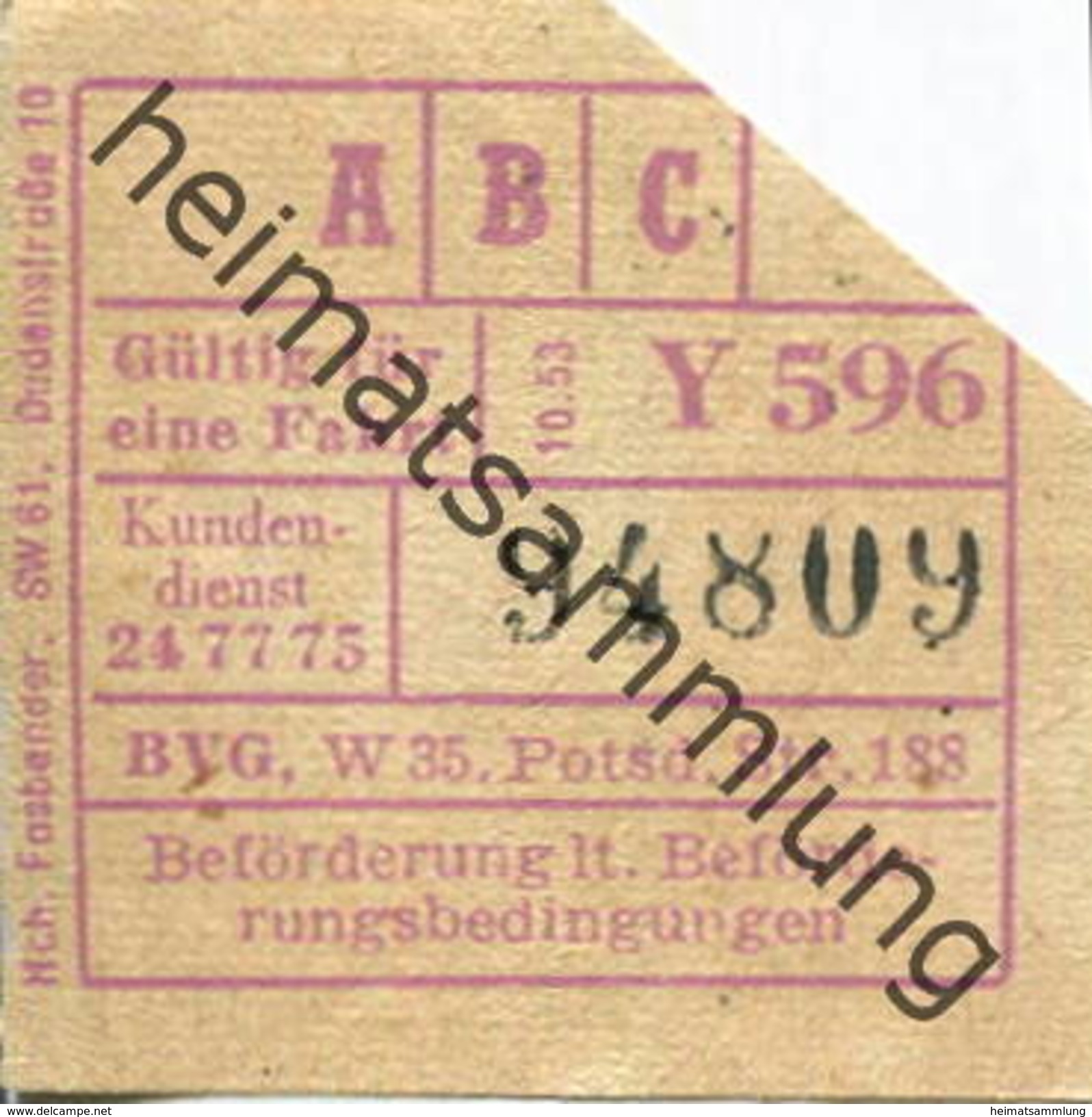 Deutschland - Berlin - BVG - Berlin Potsdamer Str. 188 - Fahrschein 1953 - Europe