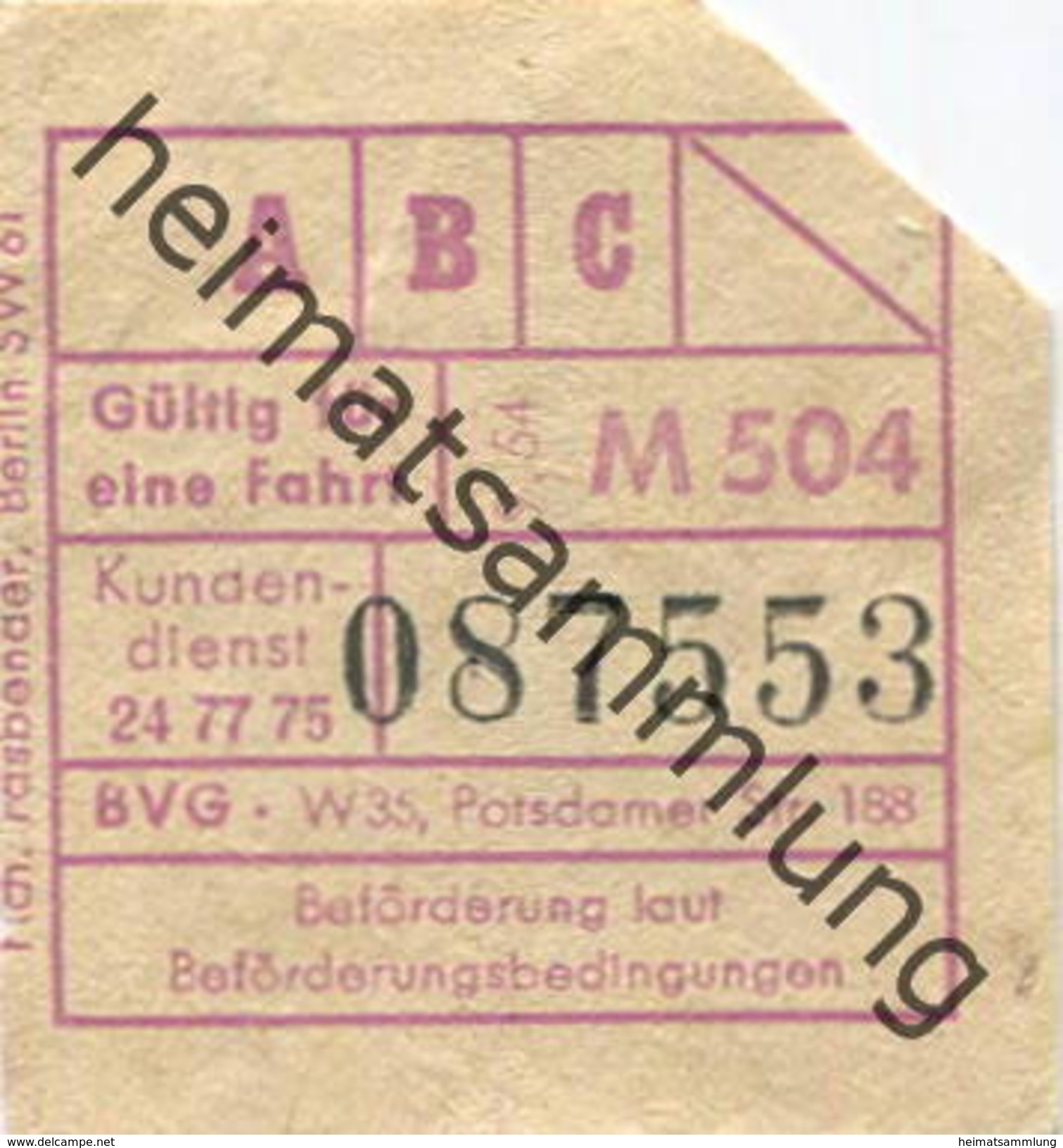 Deutschland - Berlin - BVG - Berlin Potsdamer Str. 188 - Fahrschein 1954 - Europe