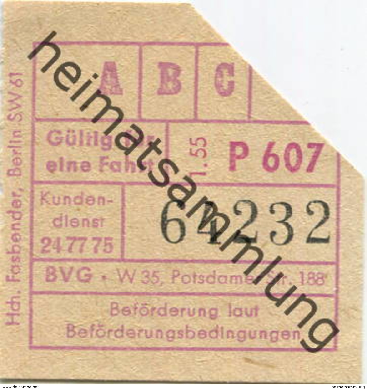 Deutschland - Berlin - BVG - Berlin Potsdamer Str. 188 - Fahrschein 1955 - Europa