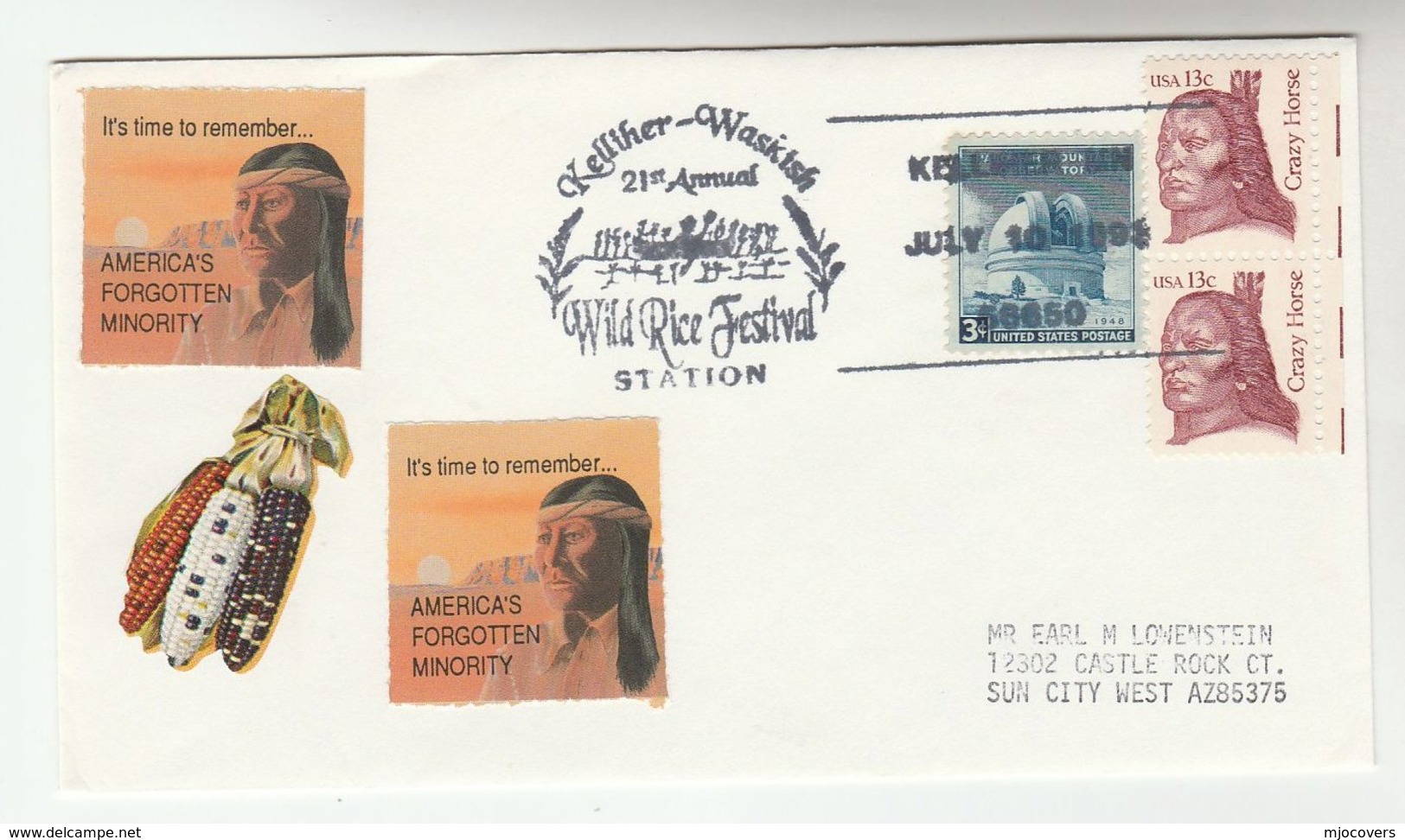 1993 WILD RICE FESTIVAL  Kellther Waskish  NATIVE AMERICAN INDIANS EVENT COVER Usa Stamps Indian - Indios Americanas