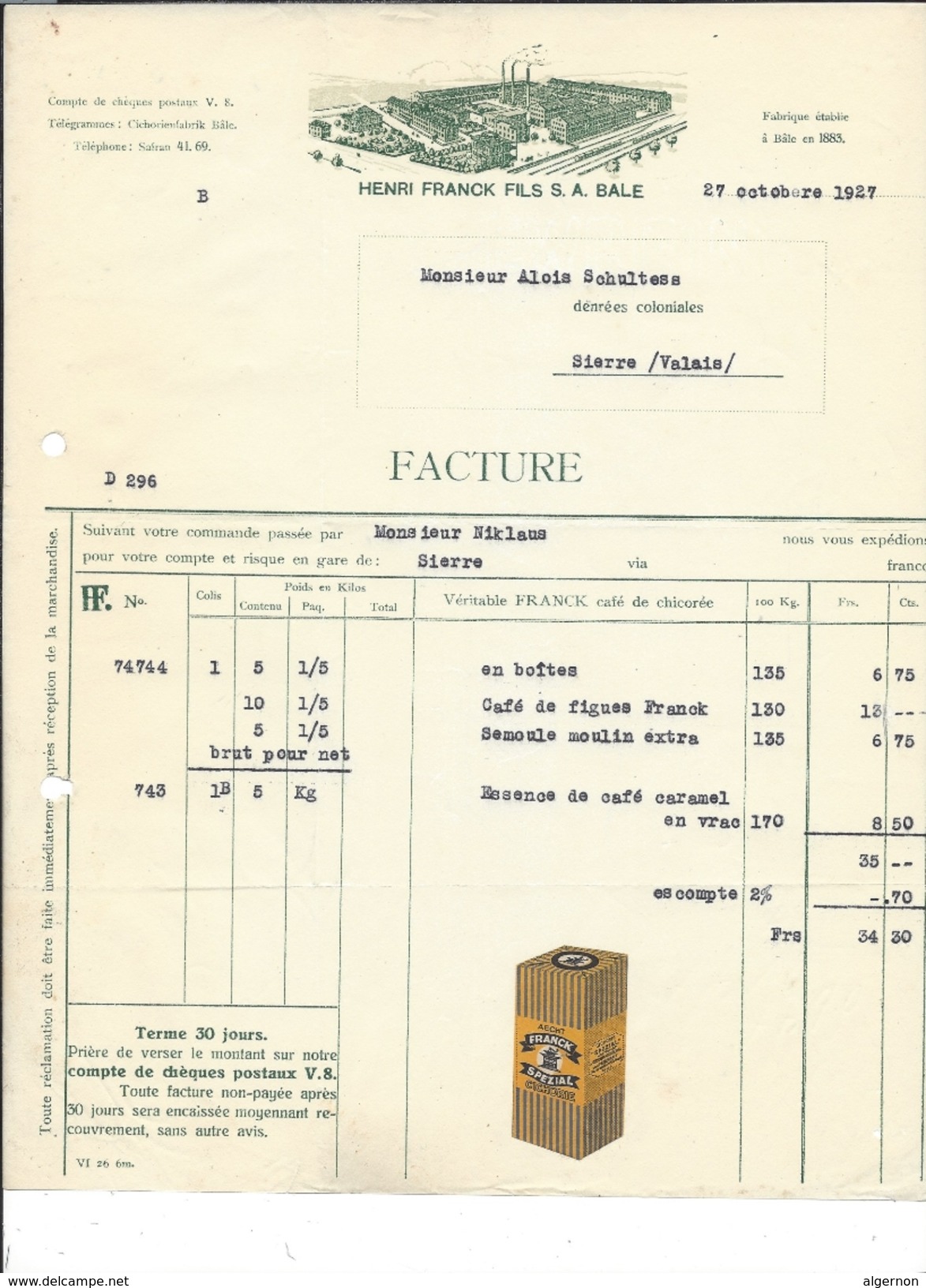 F34 - Facture Henri Franck Fils Bâle Pour Alois Schulthess Siders Sierre - Suisse