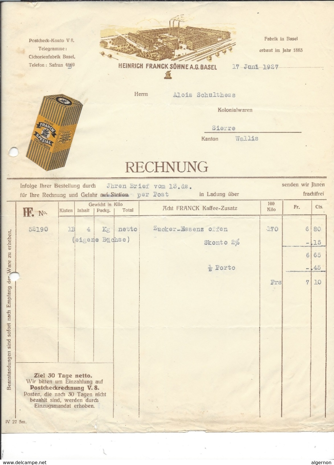 F35 - Facture Henri Franck Fils Basel Pour Alois Schulthess Siders Sierre - Suisse