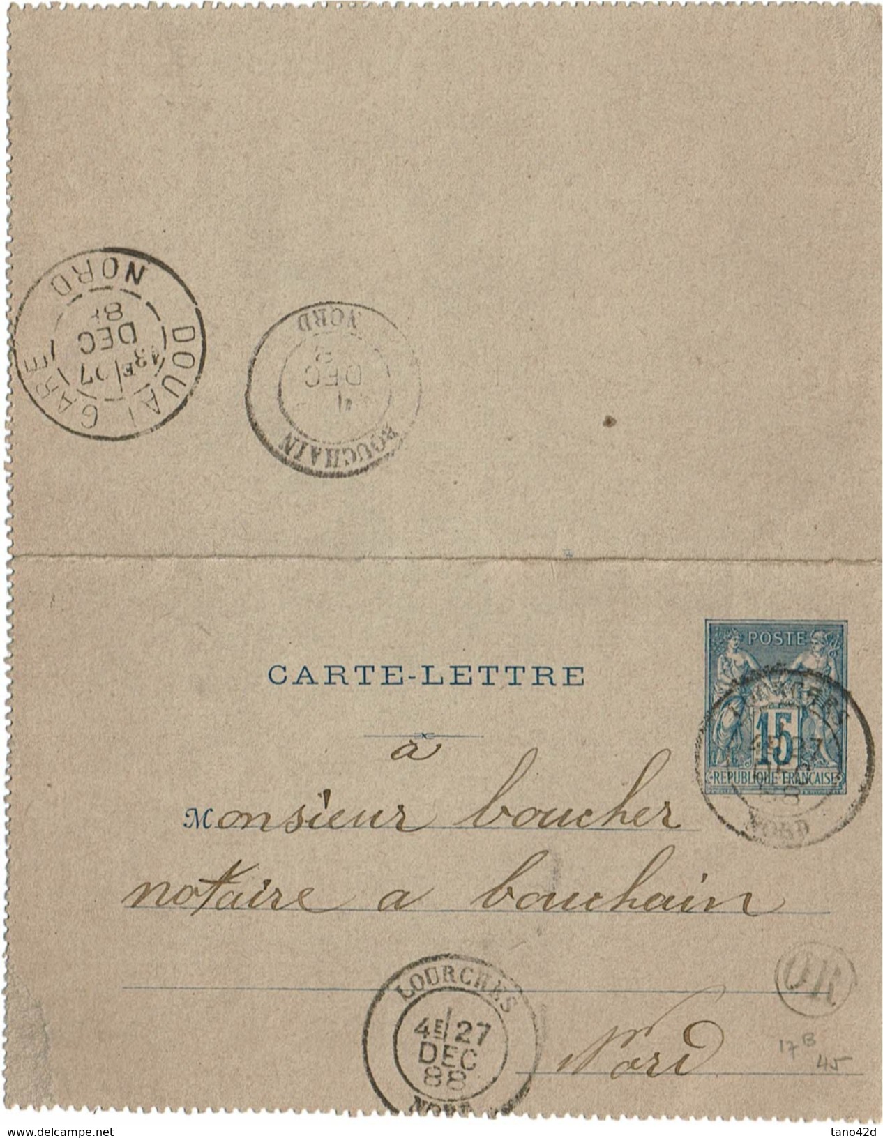 LBR40 - EP CL SAGE 15c  CIRCULEE LOURCHES / BOUCHAIN PAR DOUAI 27/12/1888 CACHE "OR" - Cartes-lettres