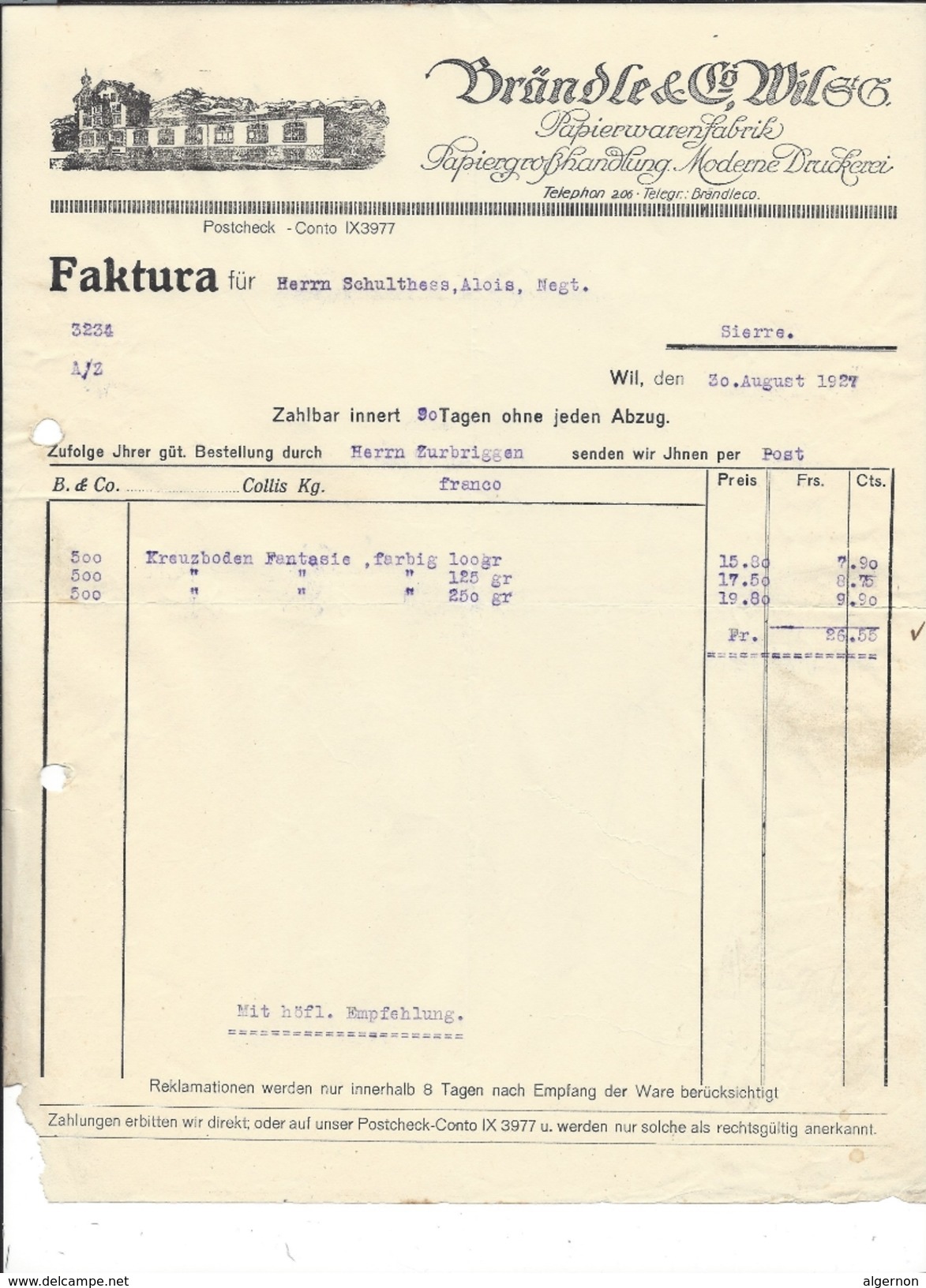 F40 - Facture Brändle & Wil Papierwarenfabrik Pour Alois Schulthess Siders Sierre - Suisse