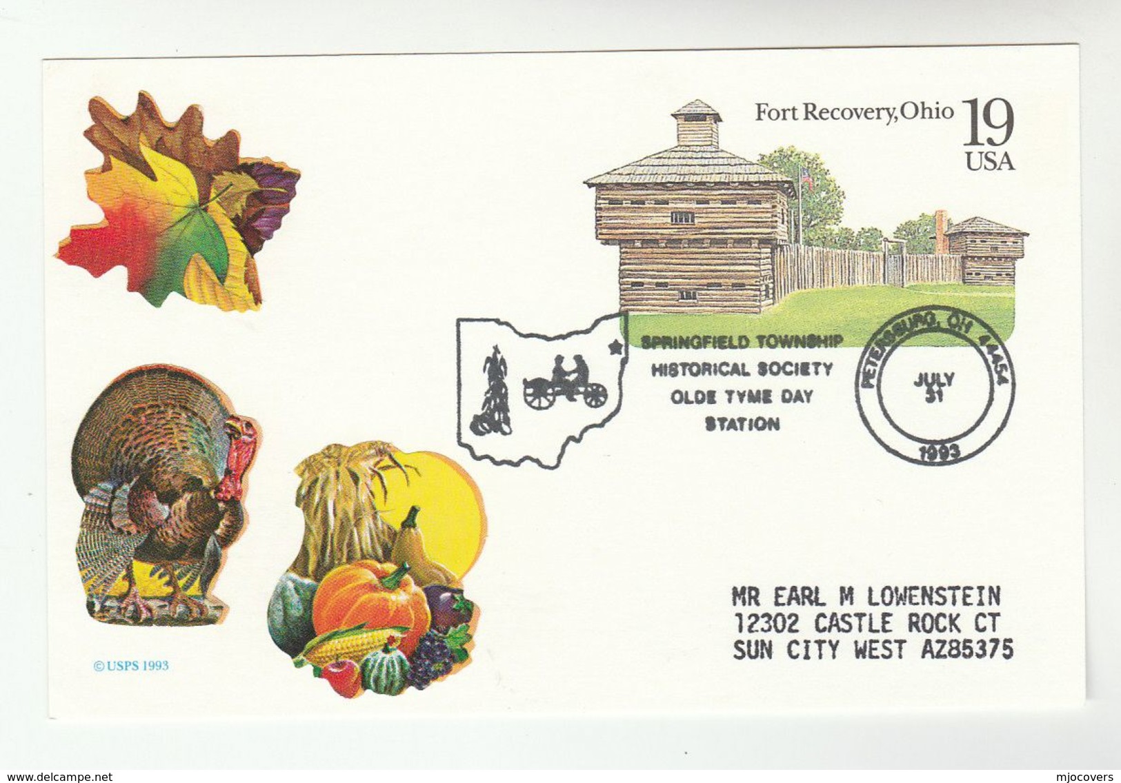1993 USA Spingfield Township HISTORICAL SOC EVENT Fort Recovery POSTAL STATIONERY CARD Turkey Bird Label Cover Stamps - Militaria