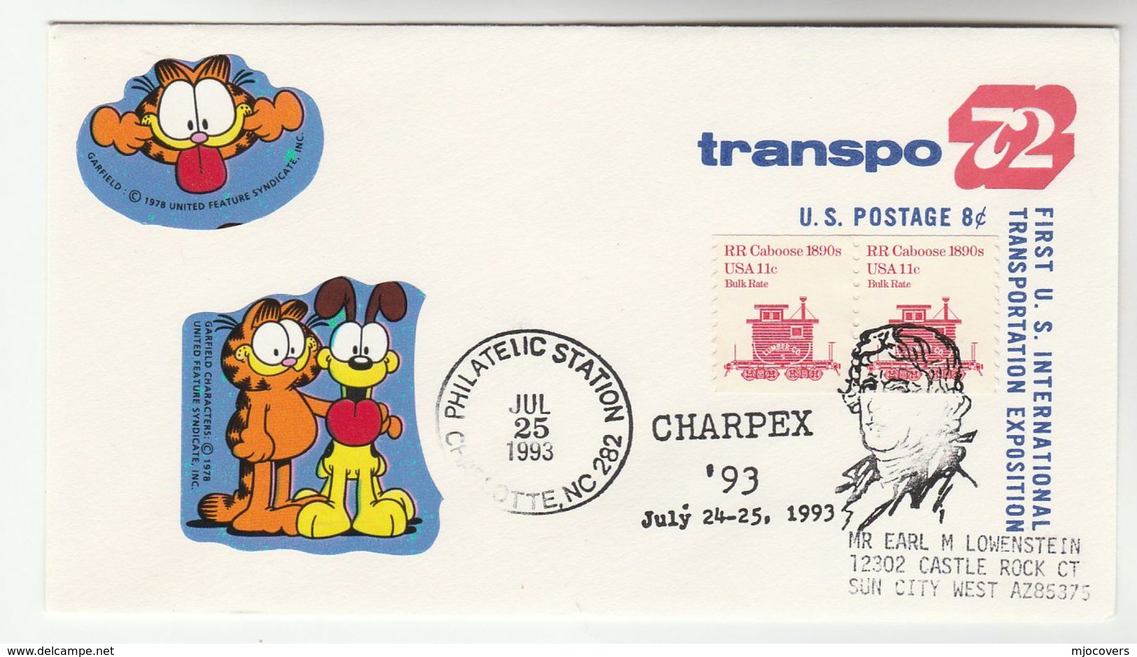 1993 USA Charpex  EVENT COVER  Stamps UPRATED Postal STATIONERY Railway Caboose Train Garfield Cat Label - 1981-00